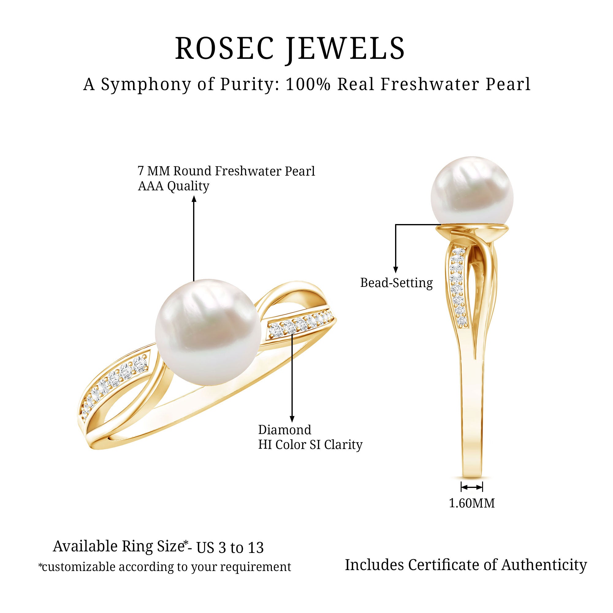 Cultured 3 Carat Freshwater Pearl Engagement Ring with Diamond AAA - Rosec Jewels
