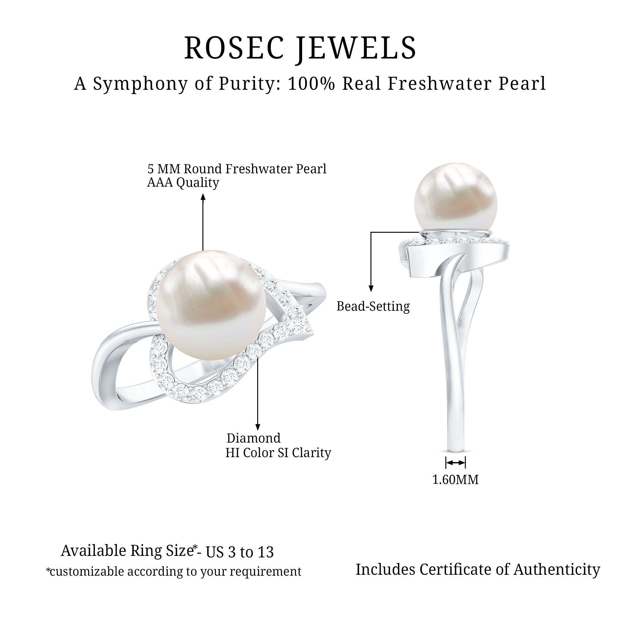 Rosec Jewels-Cultured Freshwater Pearl Promise Ring with Diamond Leaf