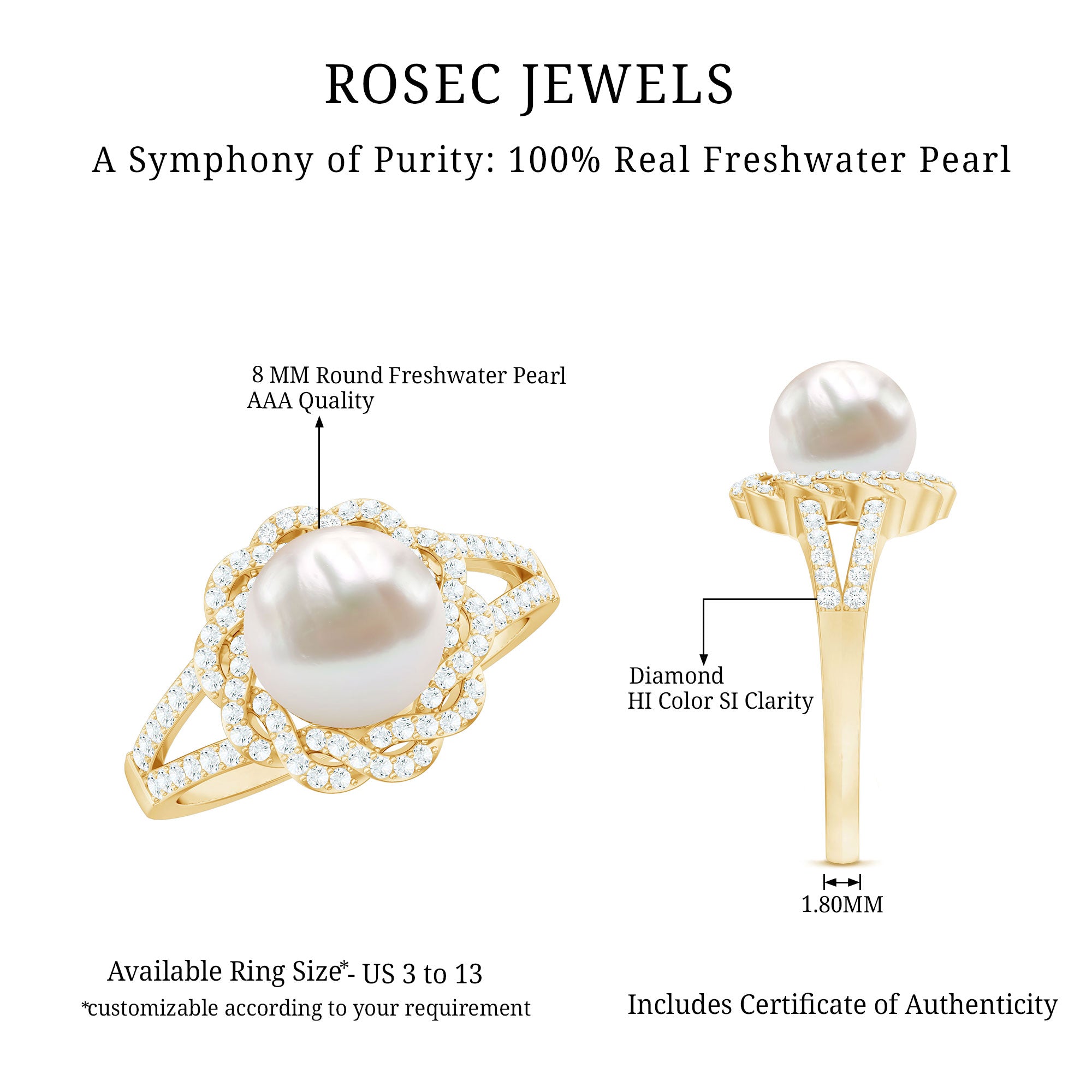 Split Shank Freshwater Pearl and Diamond Braided Statement Ring AAA - Rosec Jewels