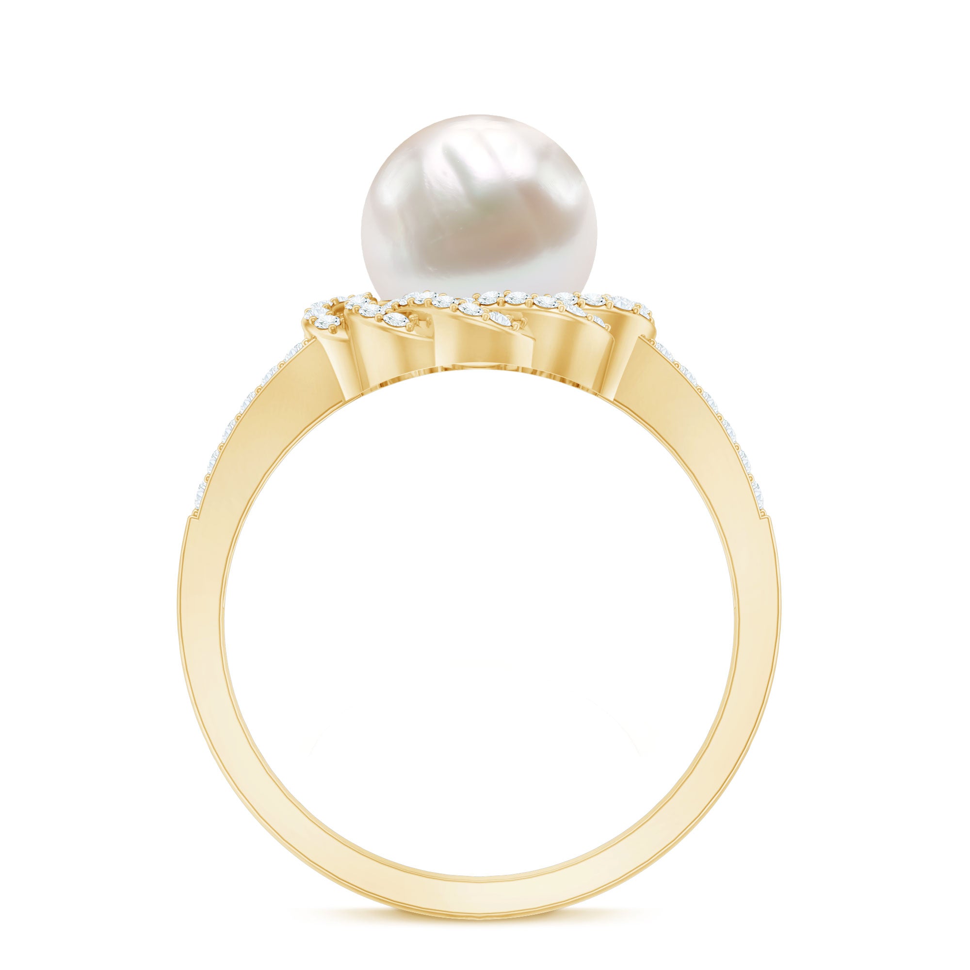 Split Shank Freshwater Pearl and Diamond Braided Statement Ring AAA - Rosec Jewels