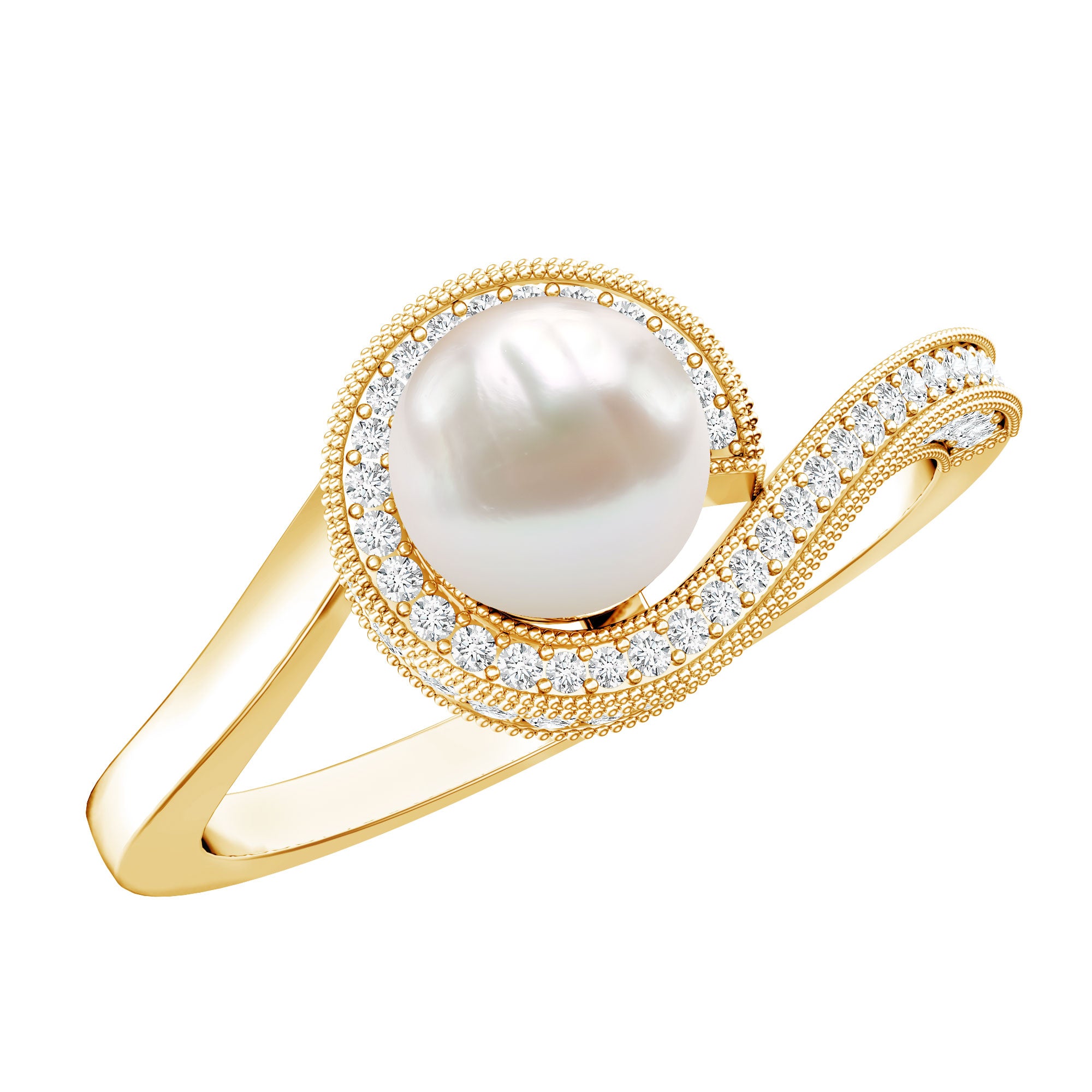 2 Carat Freshwater Pearl Bypass Engagement Ring with Diamond AAA - Rosec Jewels