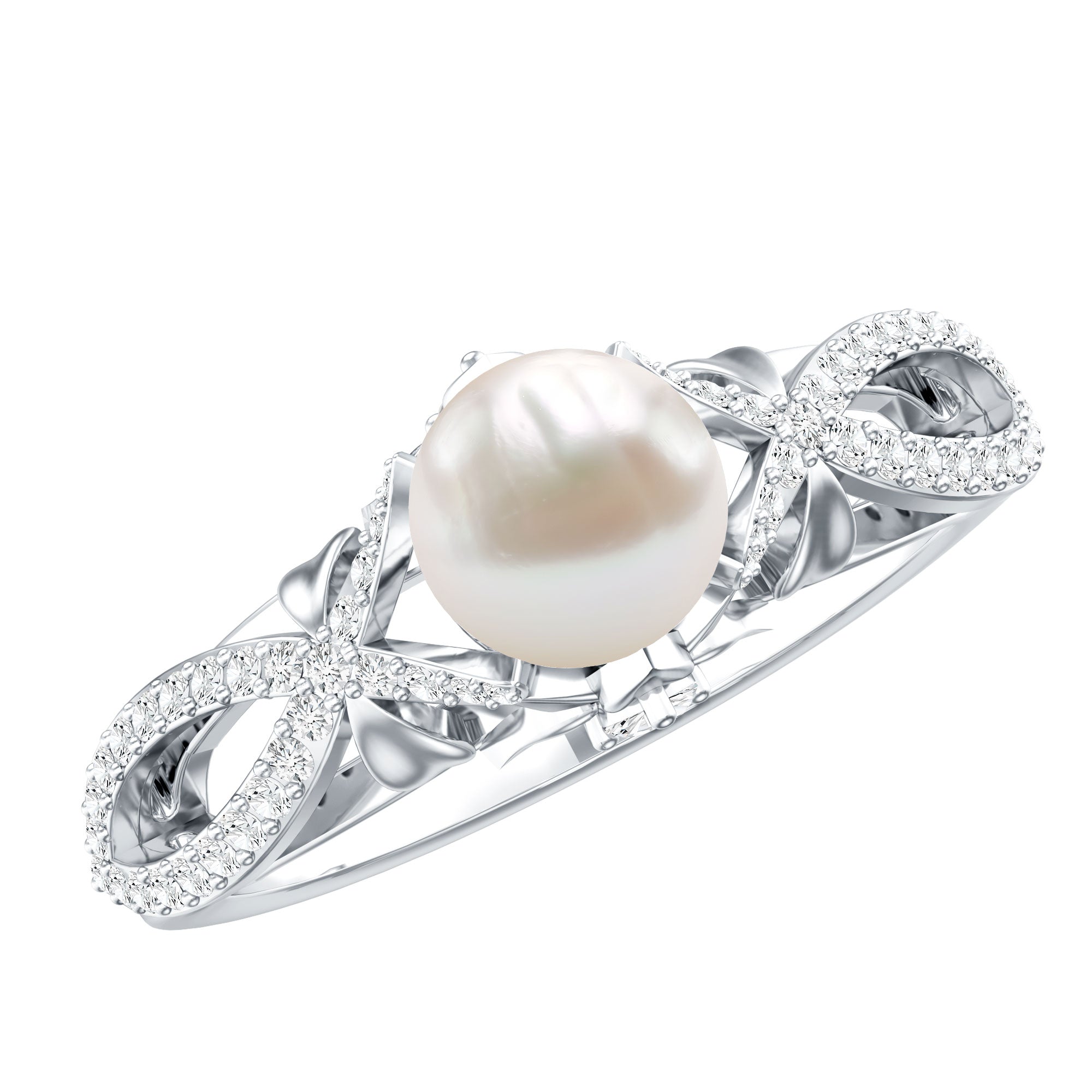 Cultured 2 Carat Freshwater Pearl Solitaire Engagement Ring with Diamond Crossover Shank AAA - Rosec Jewels