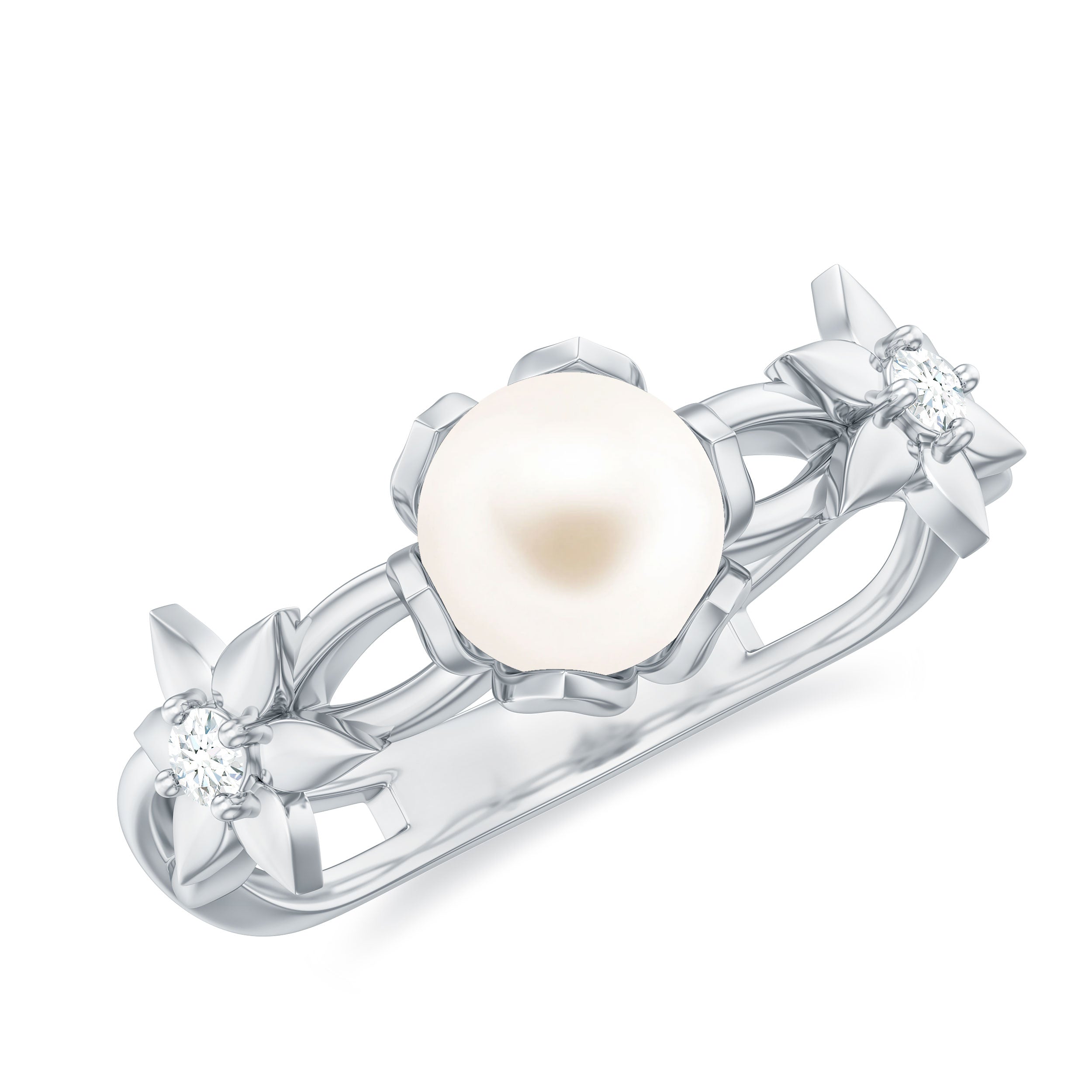 2 Carat Freshwater Pearl Flower Engagement Ring with Diamond AAA - Rosec Jewels
