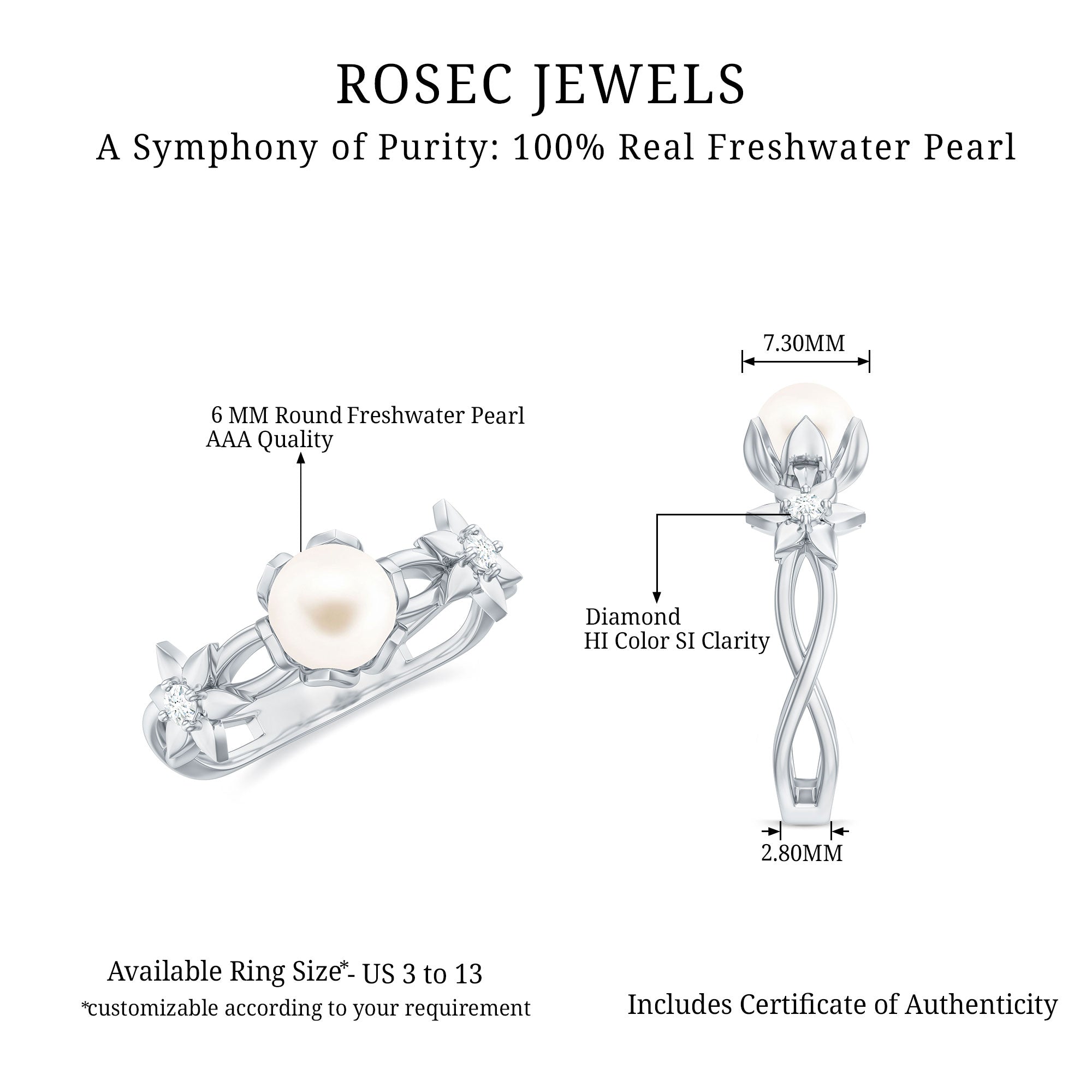 2 Carat Freshwater Pearl Flower Engagement Ring with Diamond AAA - Rosec Jewels