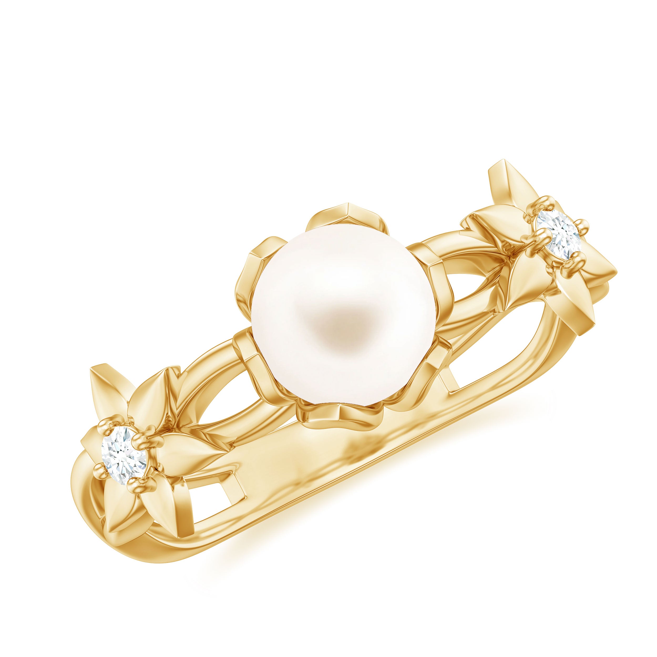 2 Carat Freshwater Pearl Flower Engagement Ring with Diamond AAA - Rosec Jewels