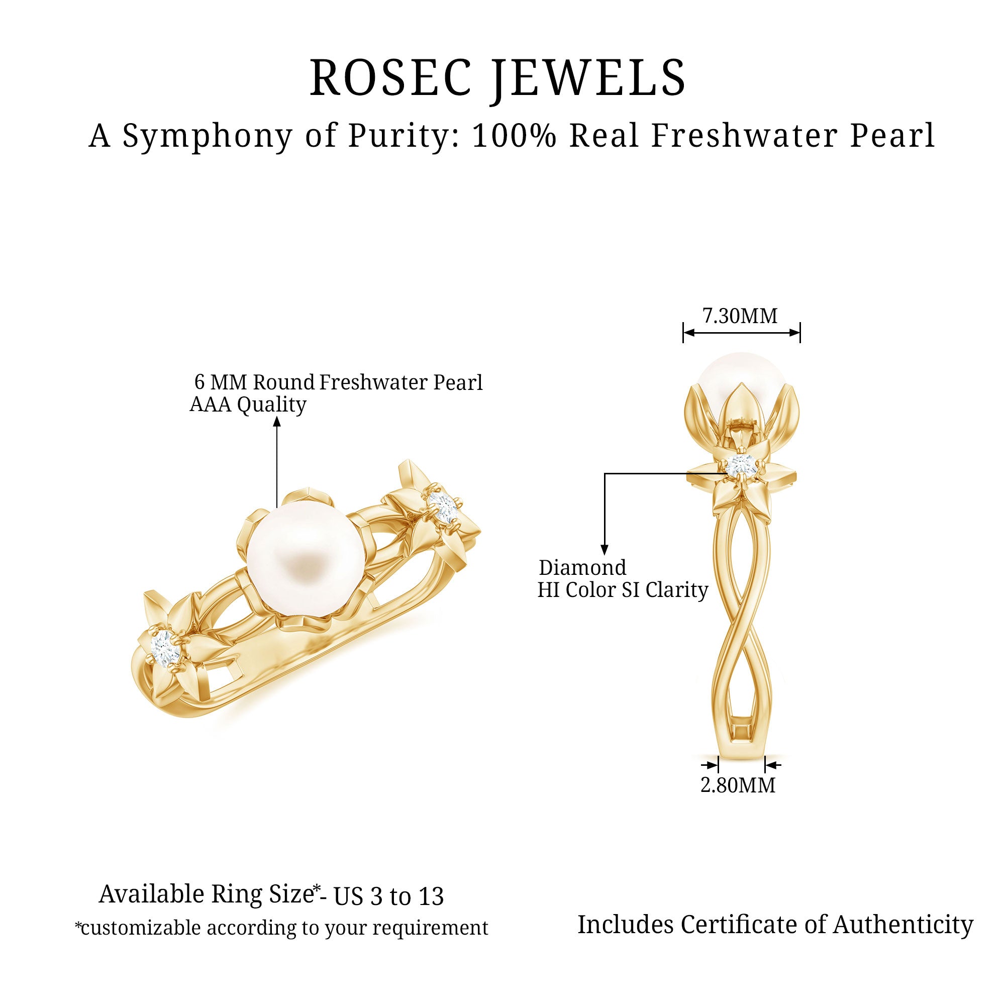 2 Carat Freshwater Pearl Flower Engagement Ring with Diamond AAA - Rosec Jewels