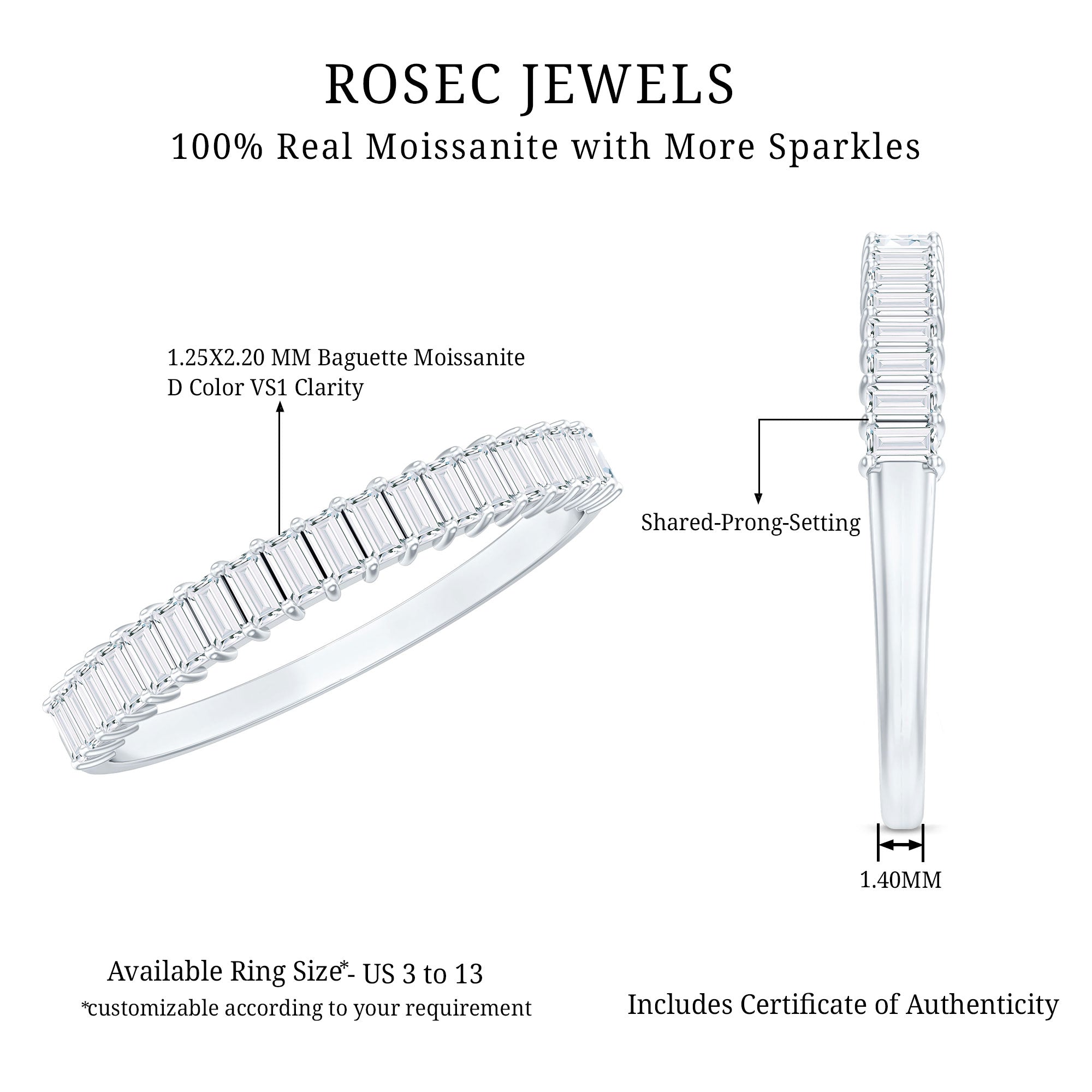 Baguette Cut Moissanite Half Eternity Wedding Band D-VS1 - Rosec Jewels