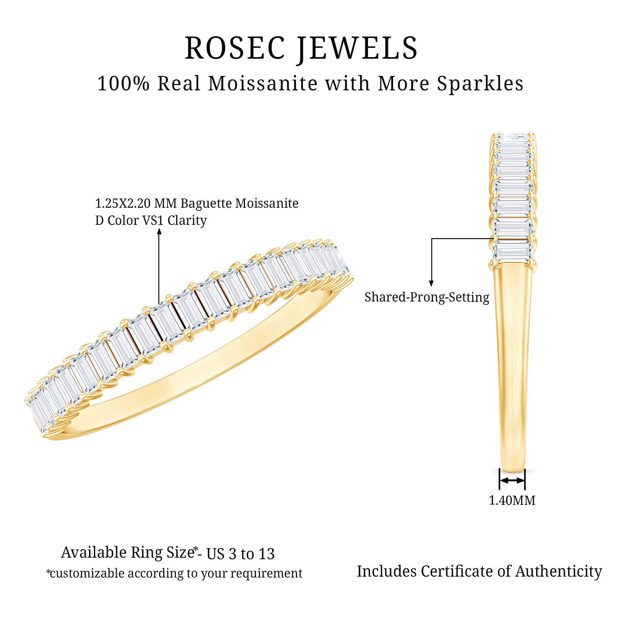 Baguette Cut Moissanite Half Eternity Wedding Band D-VS1 - Rosec Jewels