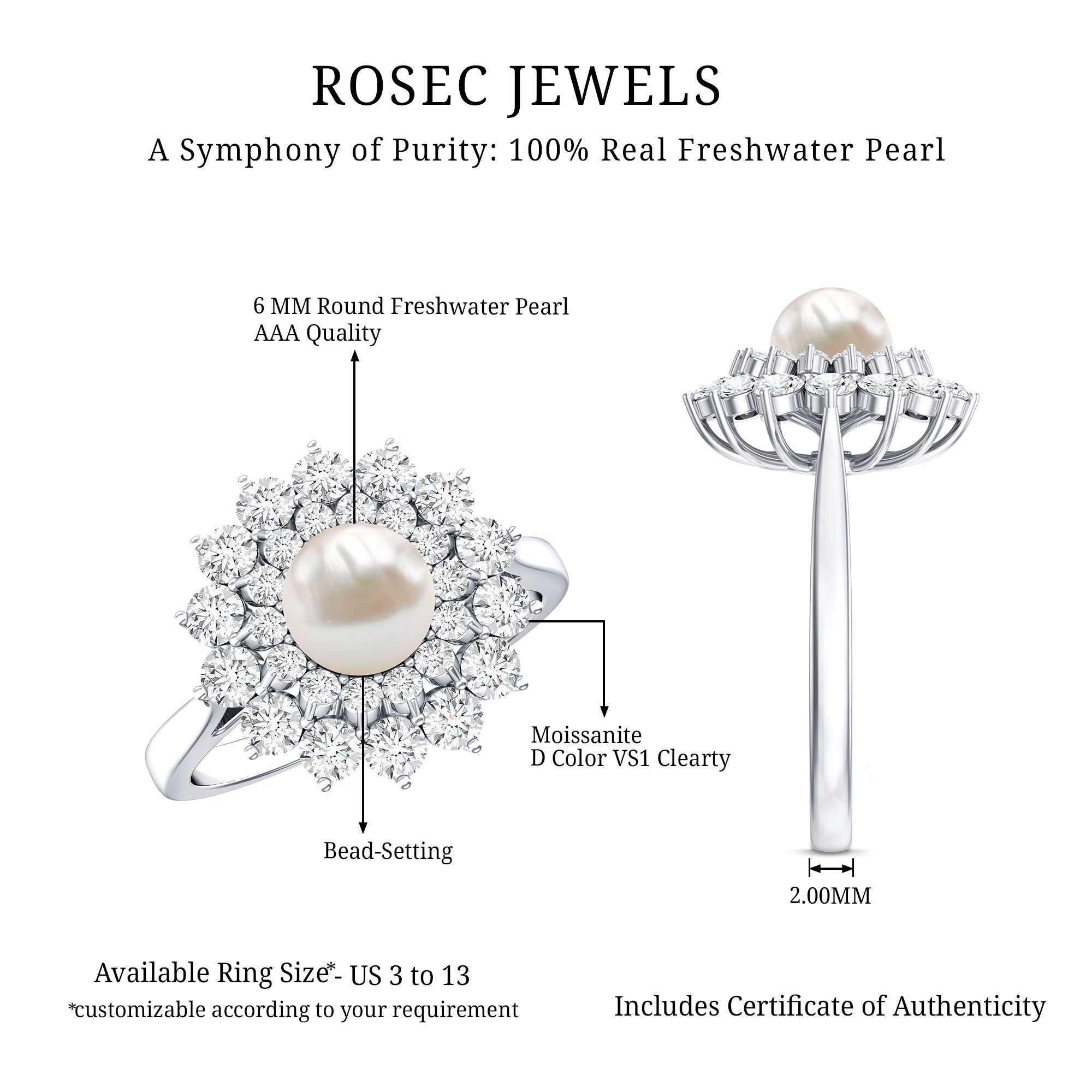 Certified Real Freshwater Pearl Flower Engagement Ring with Moissanite AAA - Rosec Jewels