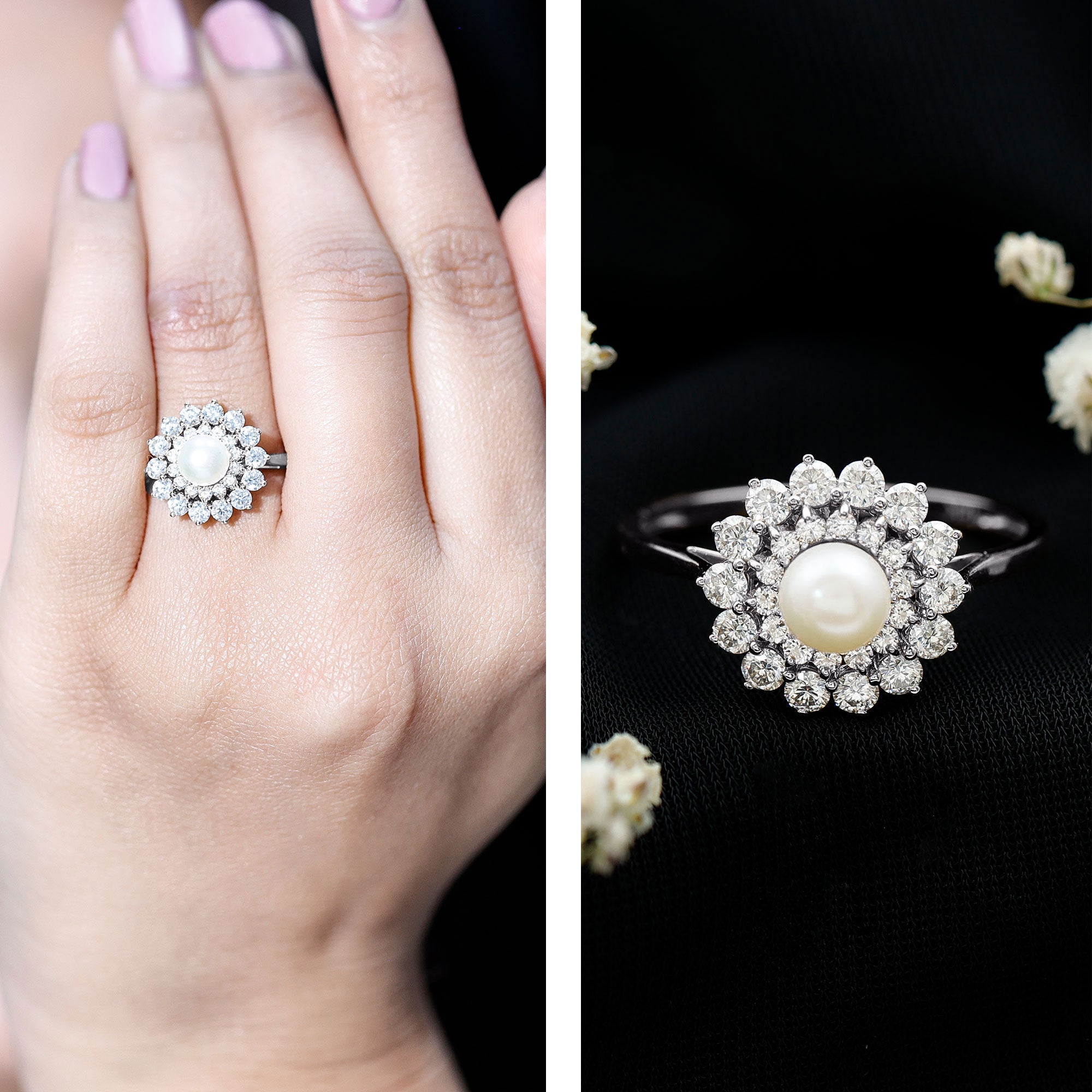 Certified Real Freshwater Pearl Flower Engagement Ring with Moissanite AAA - Rosec Jewels