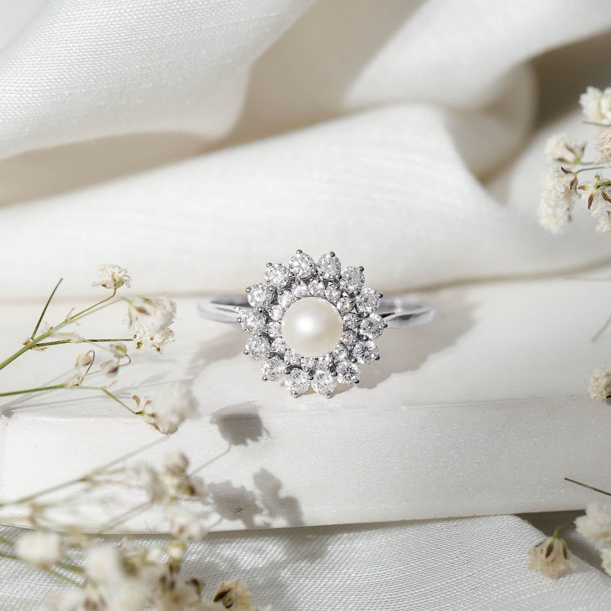 Certified Real Freshwater Pearl Flower Engagement Ring with Moissanite AAA - Rosec Jewels