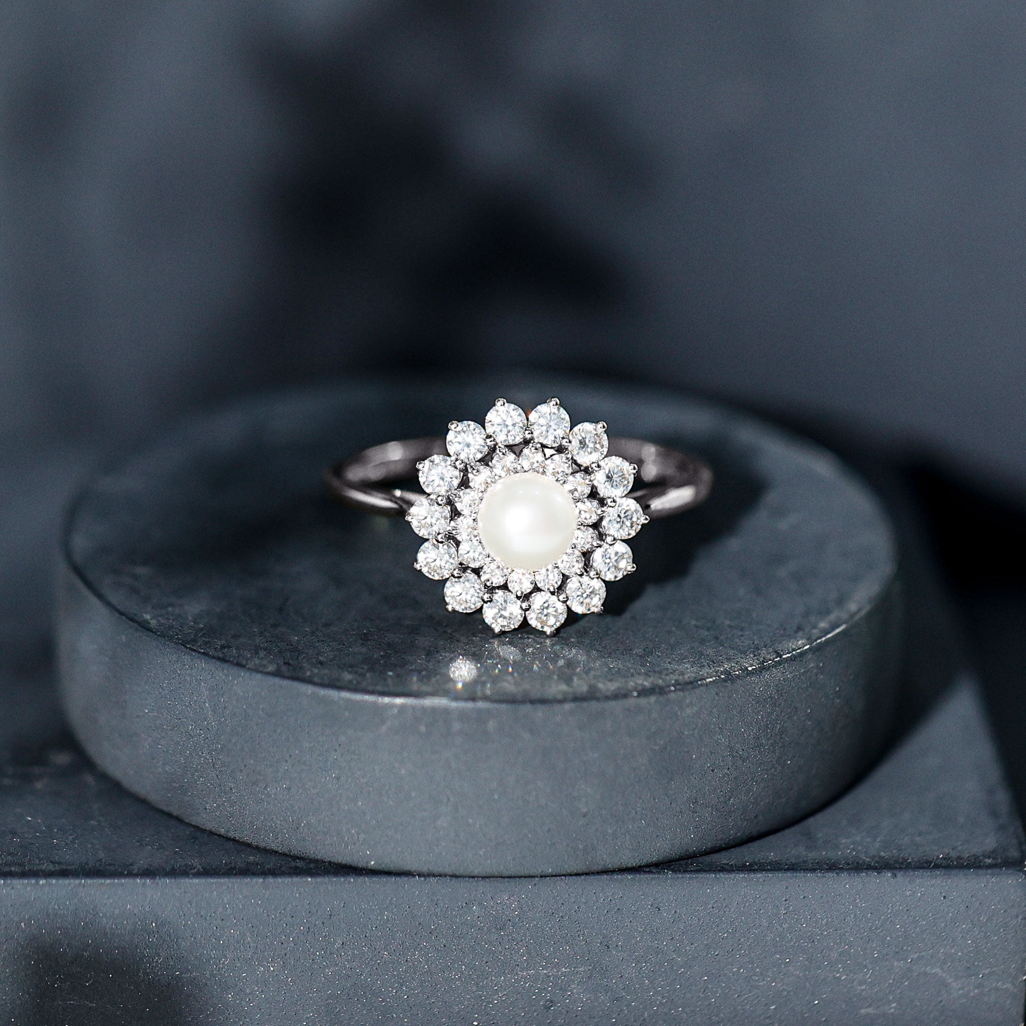 Certified Real Freshwater Pearl Flower Engagement Ring with Moissanite AAA - Rosec Jewels