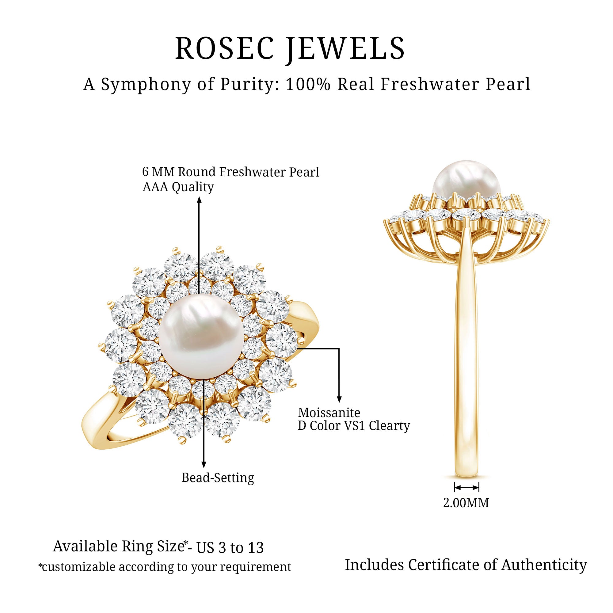 Certified Real Freshwater Pearl Flower Engagement Ring with Moissanite AAA - Rosec Jewels