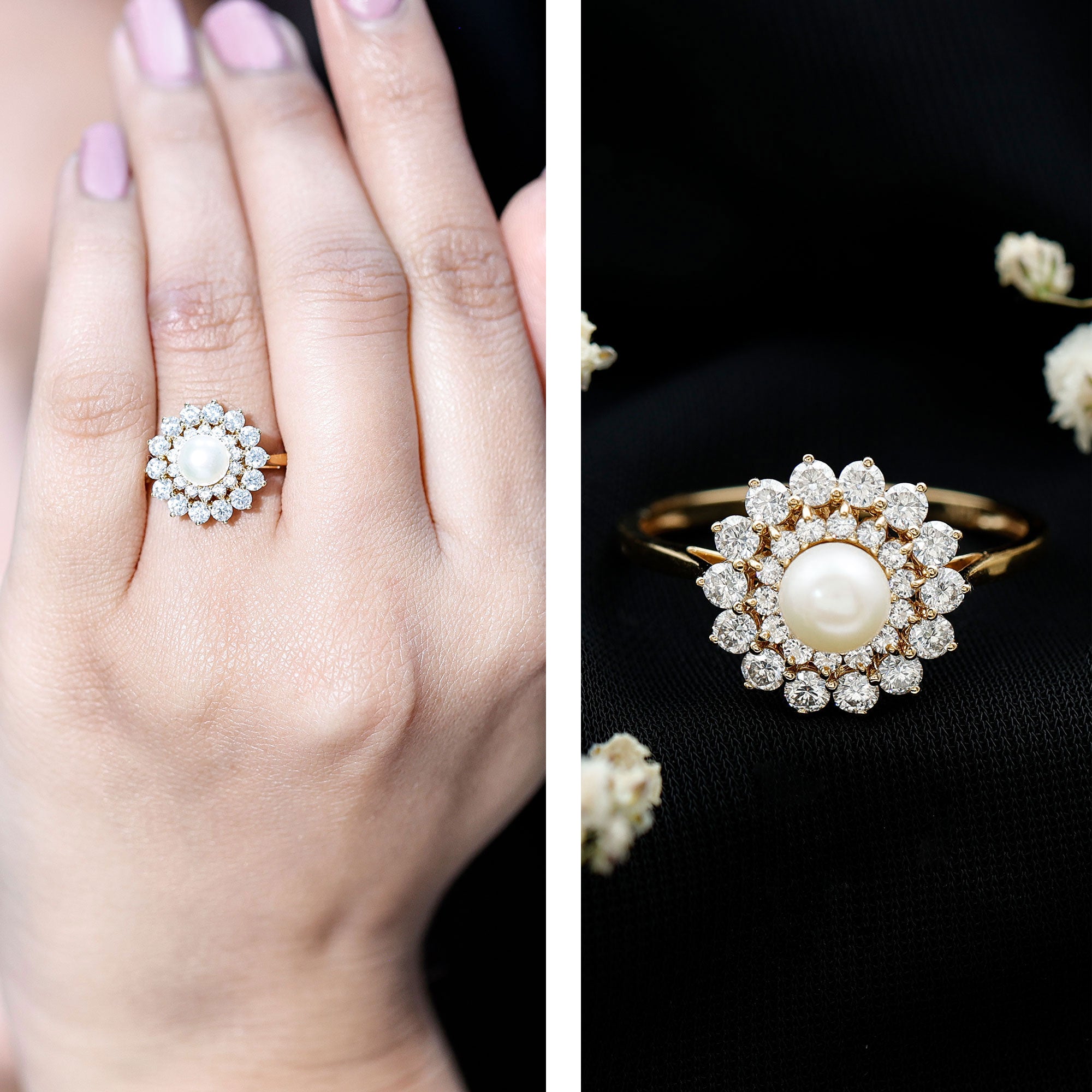 Certified Real Freshwater Pearl Flower Engagement Ring with Moissanite AAA - Rosec Jewels