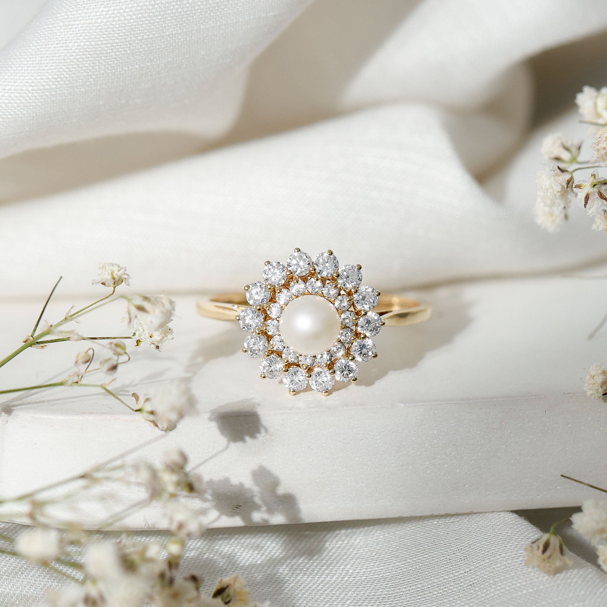 Certified Real Freshwater Pearl Flower Engagement Ring with Moissanite AAA - Rosec Jewels