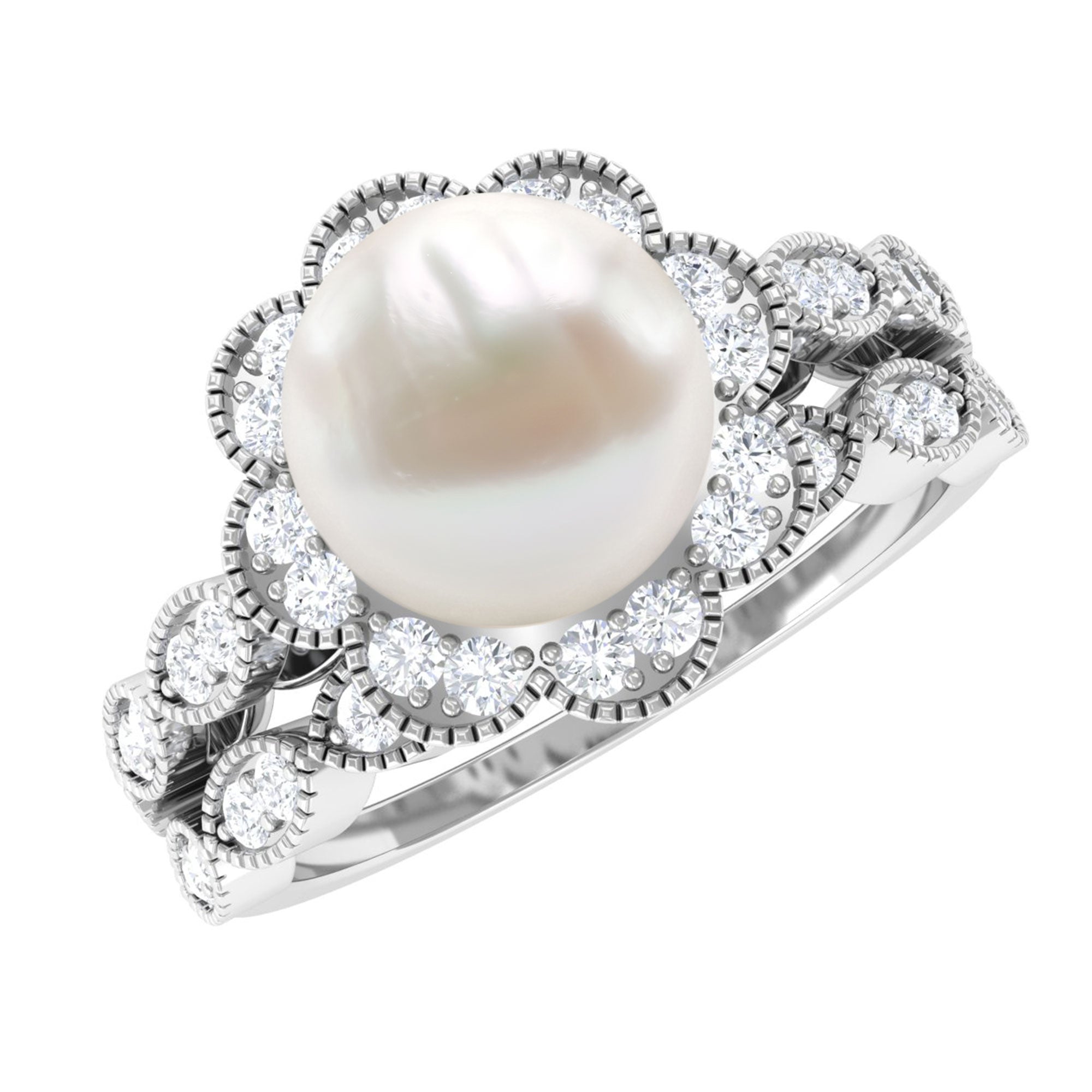 Freshwater Pearl and Diamond Wedding Ring Set