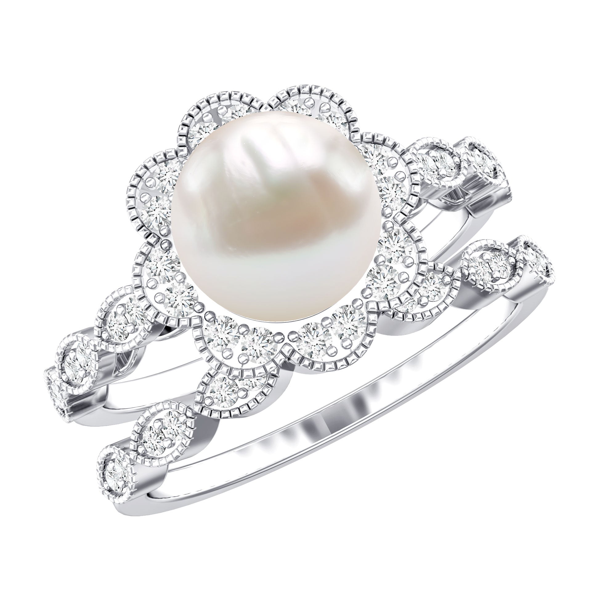 Freshwater Pearl and Diamond Wedding Ring Set