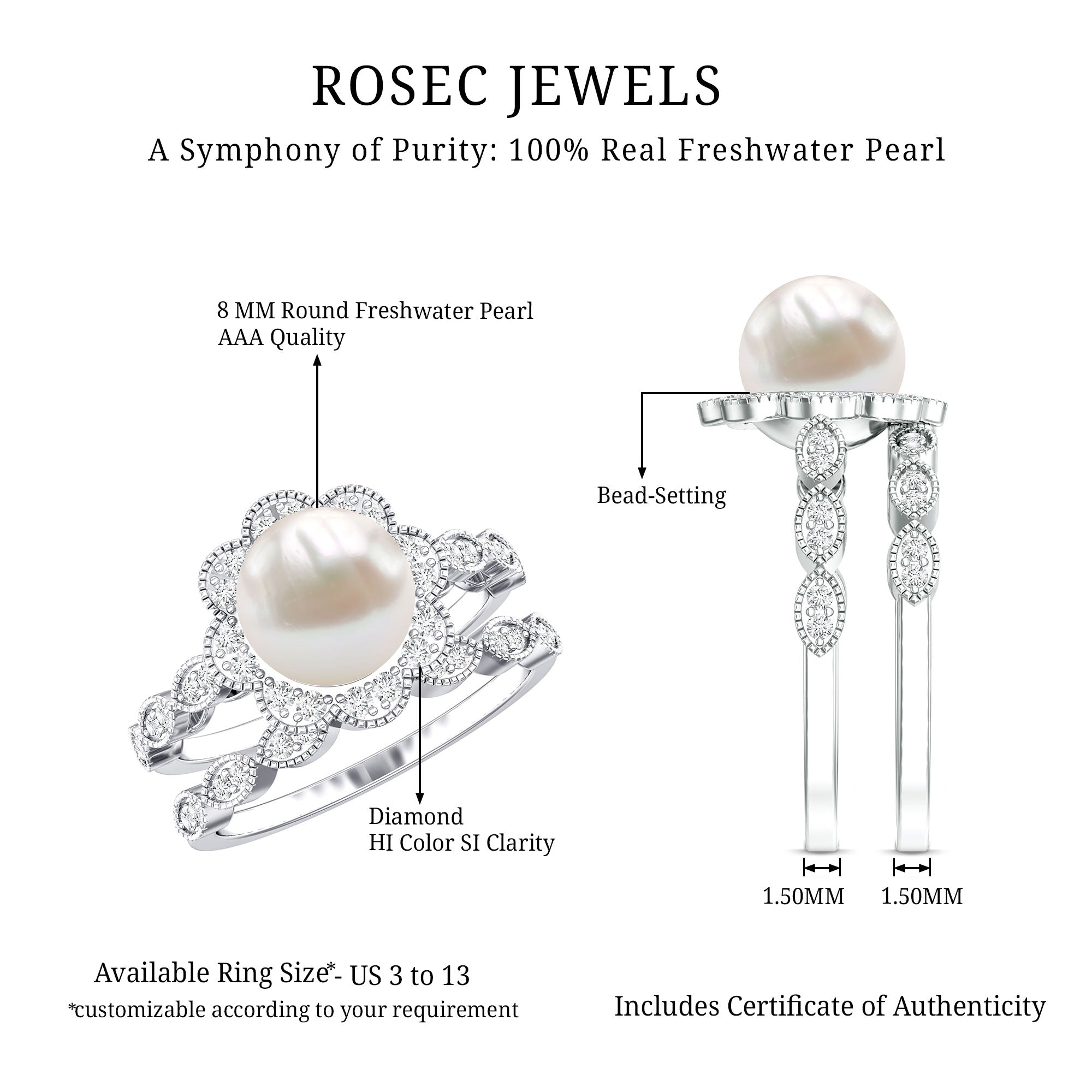 Freshwater Pearl and Diamond Wedding Ring Set AAA - Rosec Jewels