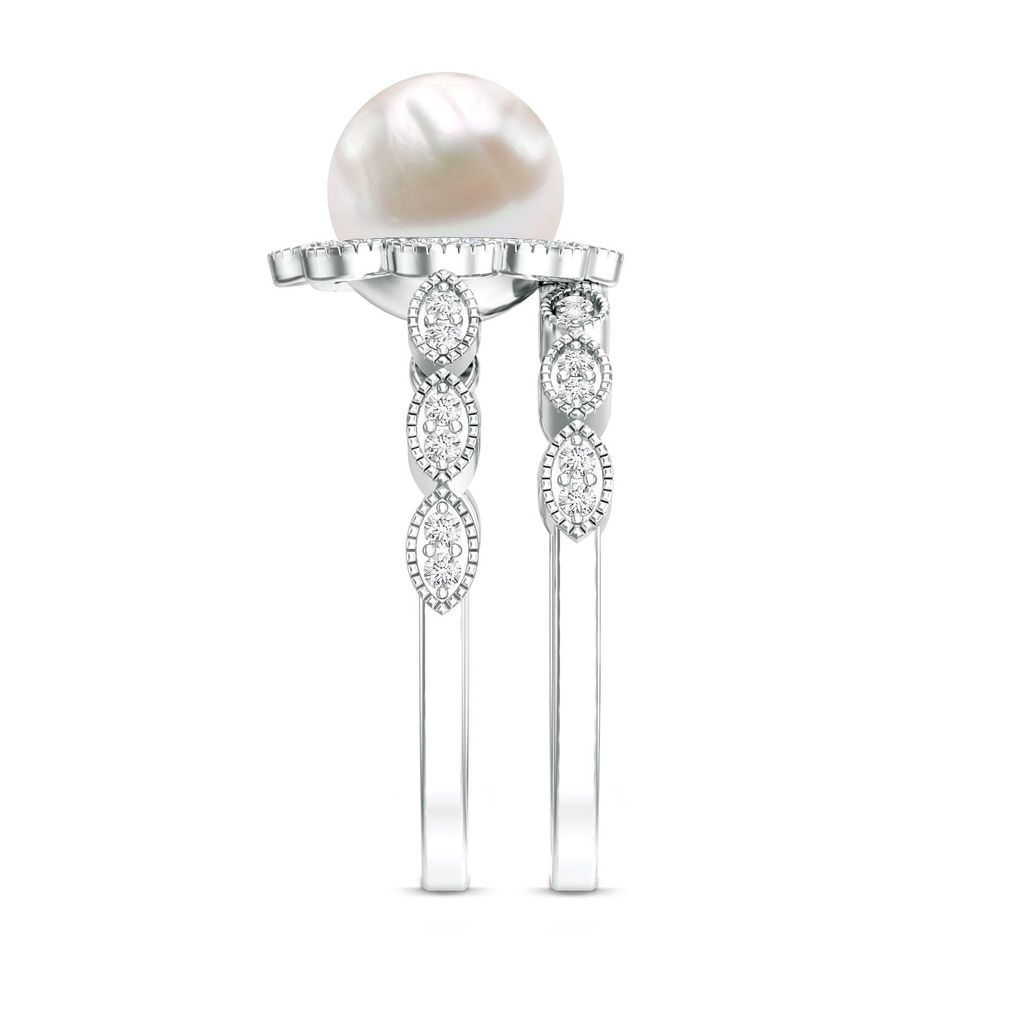 Freshwater Pearl and Diamond Wedding Ring Set AAA - Rosec Jewels