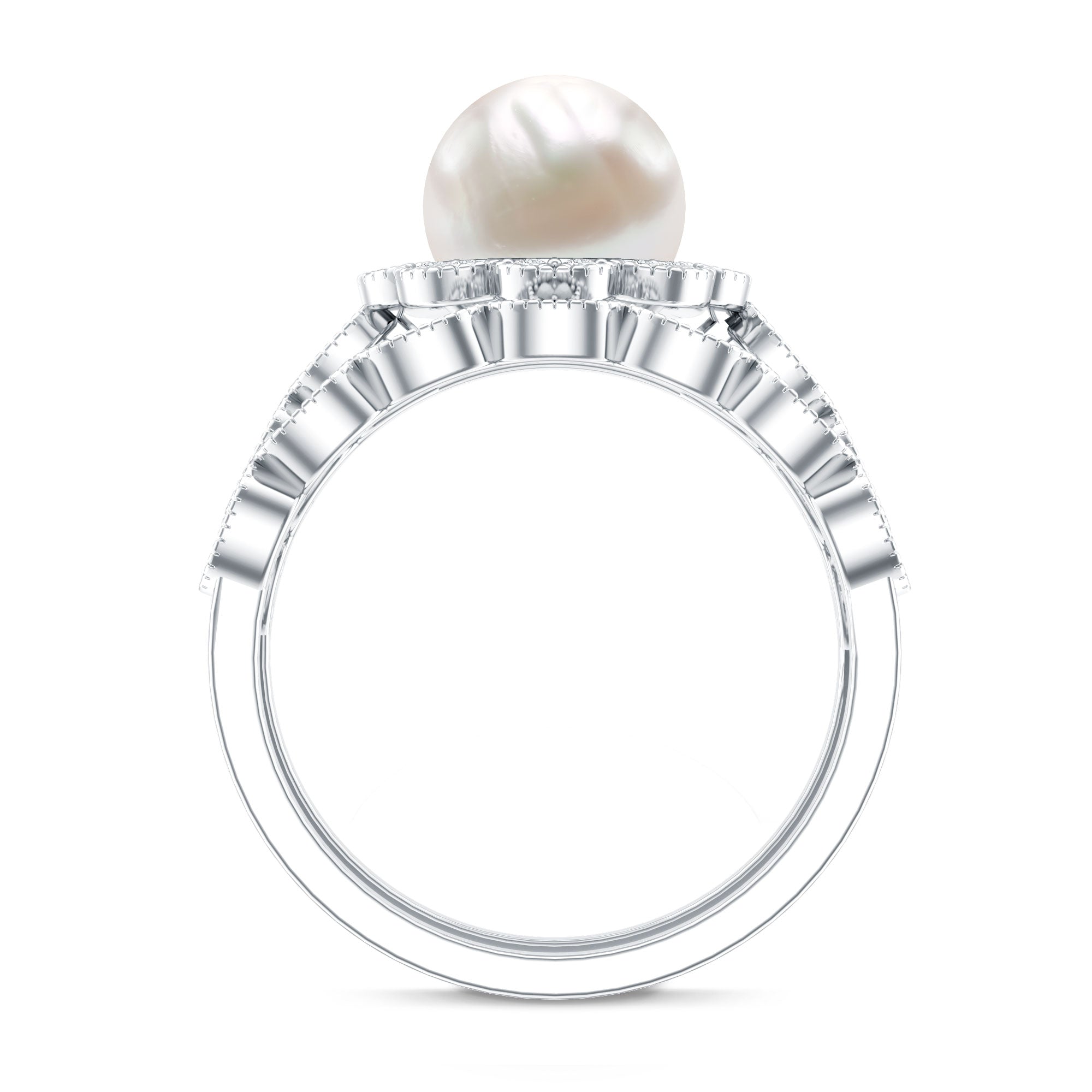 Freshwater Pearl and Diamond Wedding Ring Set AAA - Rosec Jewels