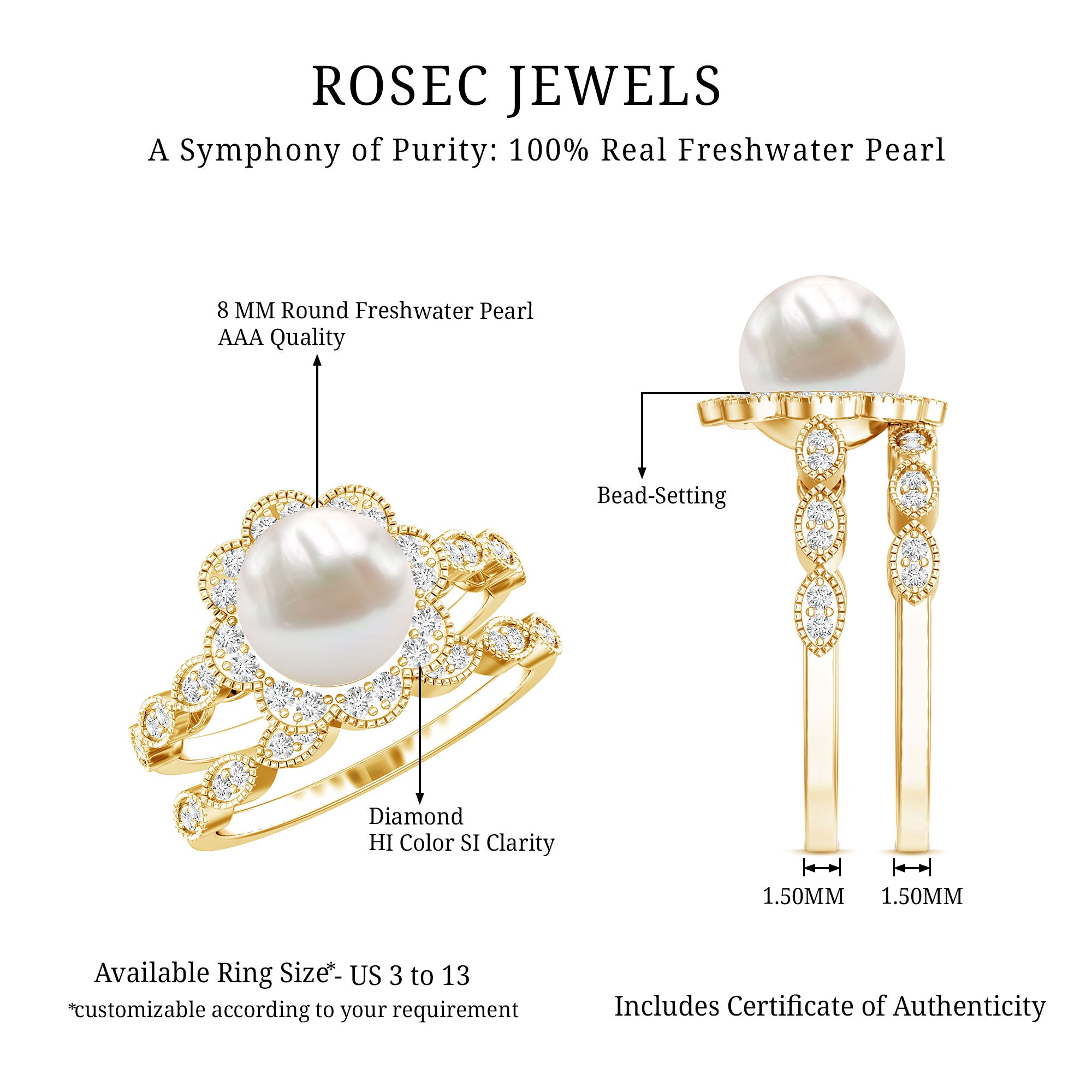 Freshwater Pearl and Diamond Wedding Ring Set AAA - Rosec Jewels