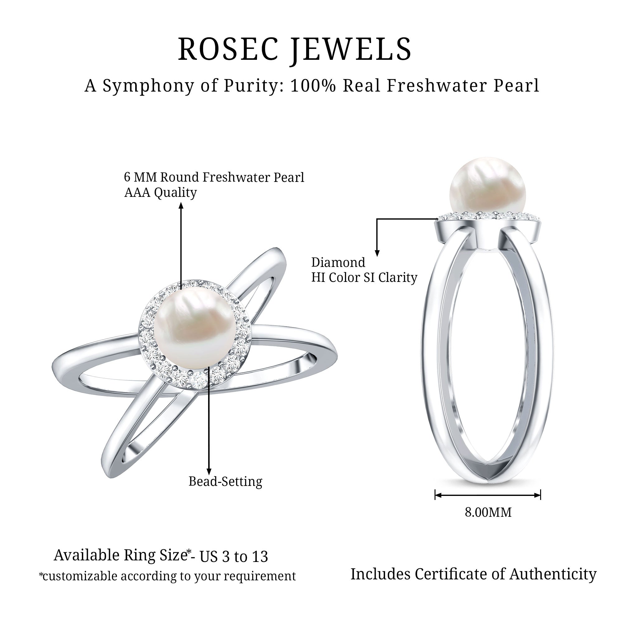 Rosec Jewels-Real 2 Carat Freshwater Pearl Diamond Halo Engagement Ring with Criss Cross Shank