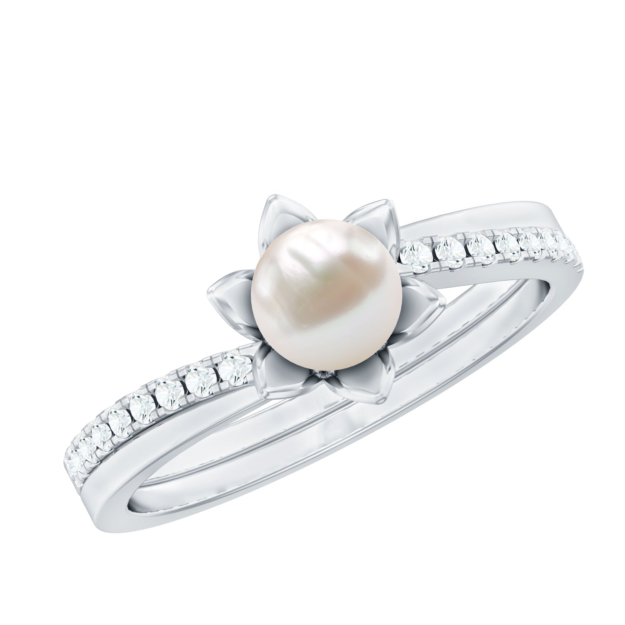 2.25 CT Floral Freshwater Pearl Bypass and Diamond Engagement Ring in Gold