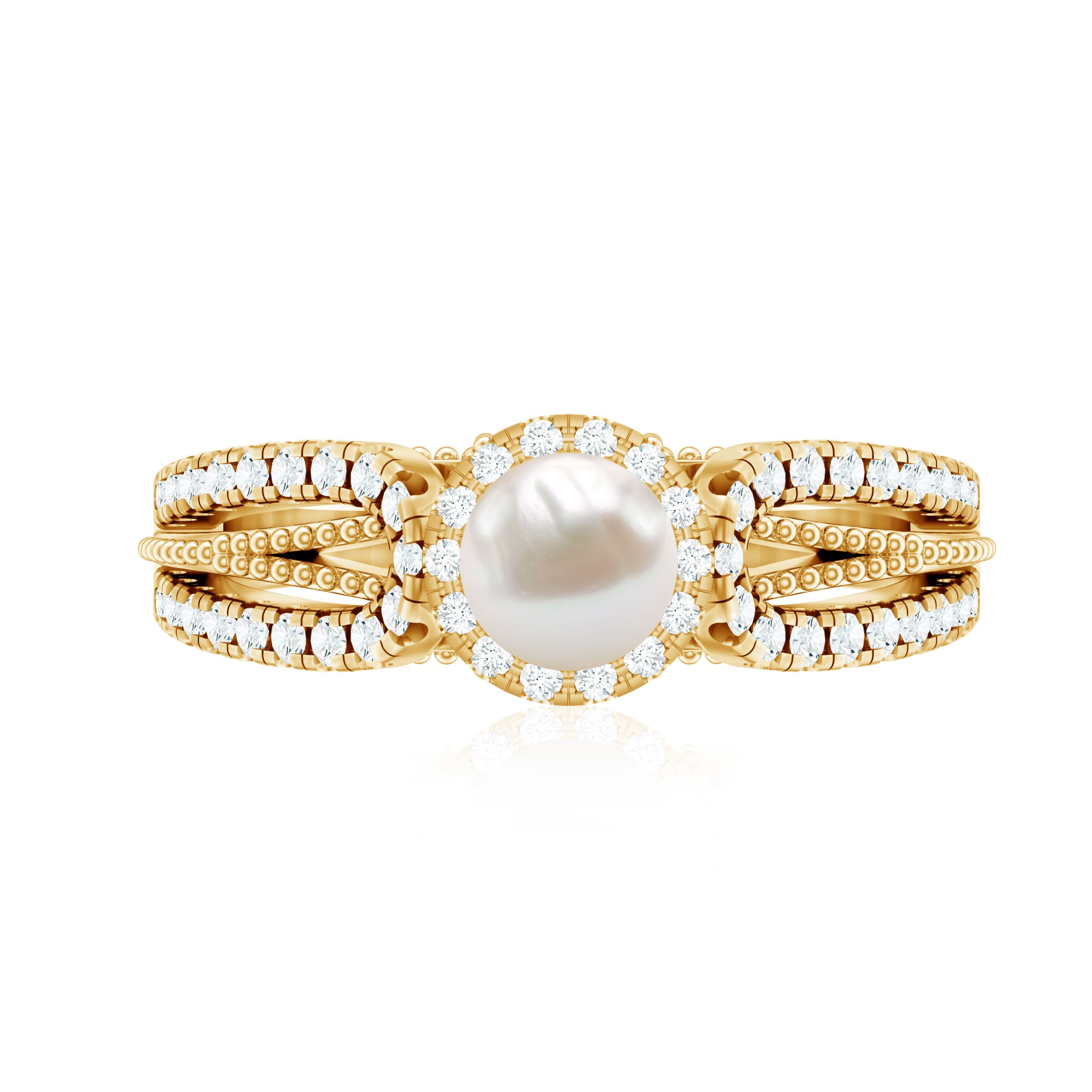 Rosec Jewels-2.50 CT Freshwater Pearl and Diamond Engagement Ring with Beaded Gold