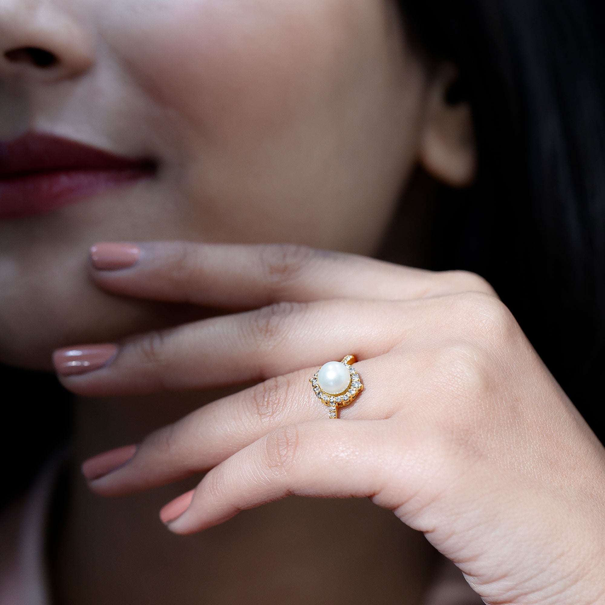 Rosec Jewels-Freshwater Pearl and Diamond Halo Engagement Ring