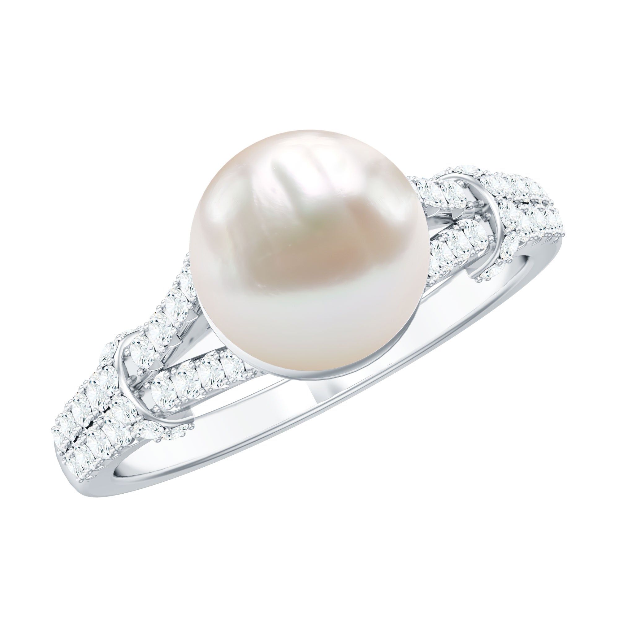 Rosec Jewels-Cultured 7.4 Carat Freshwater Pearl Engagement Ring with Lab Diamonds