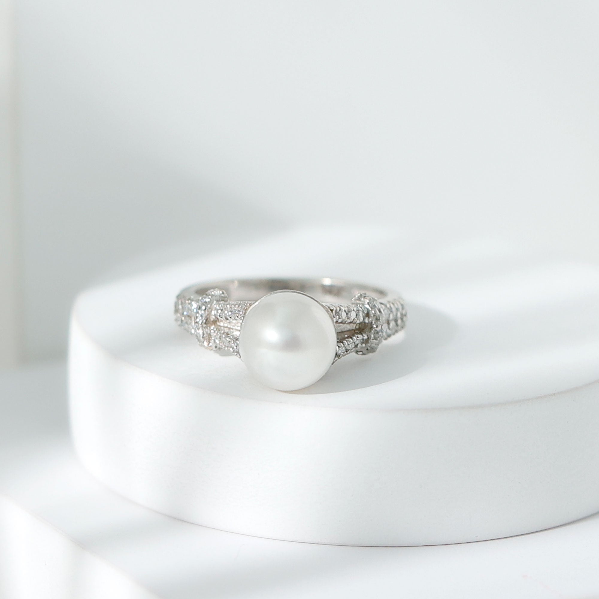 Rosec Jewels-Cultured 7.4 Carat Freshwater Pearl Engagement Ring with Lab Diamonds
