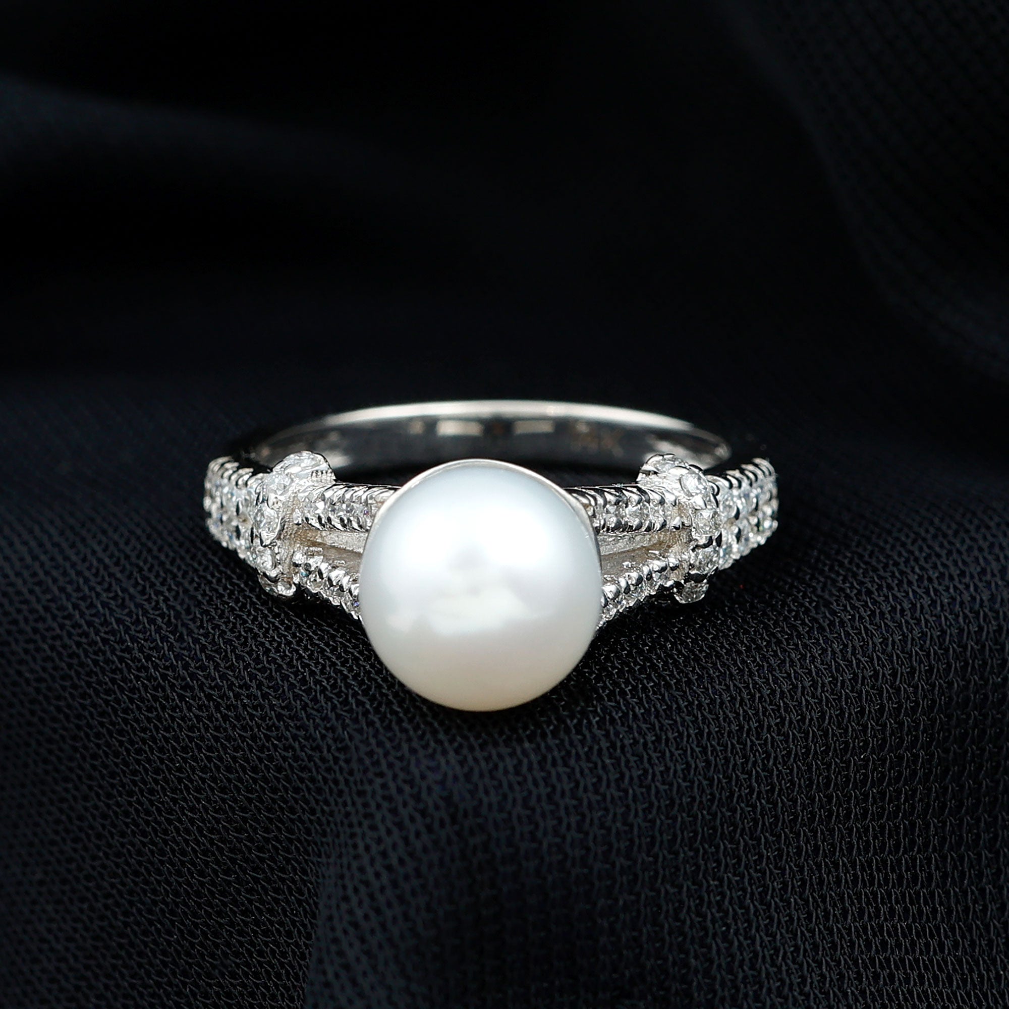 Rosec Jewels-Cultured 7.4 Carat Freshwater Pearl Engagement Ring with Lab Diamonds