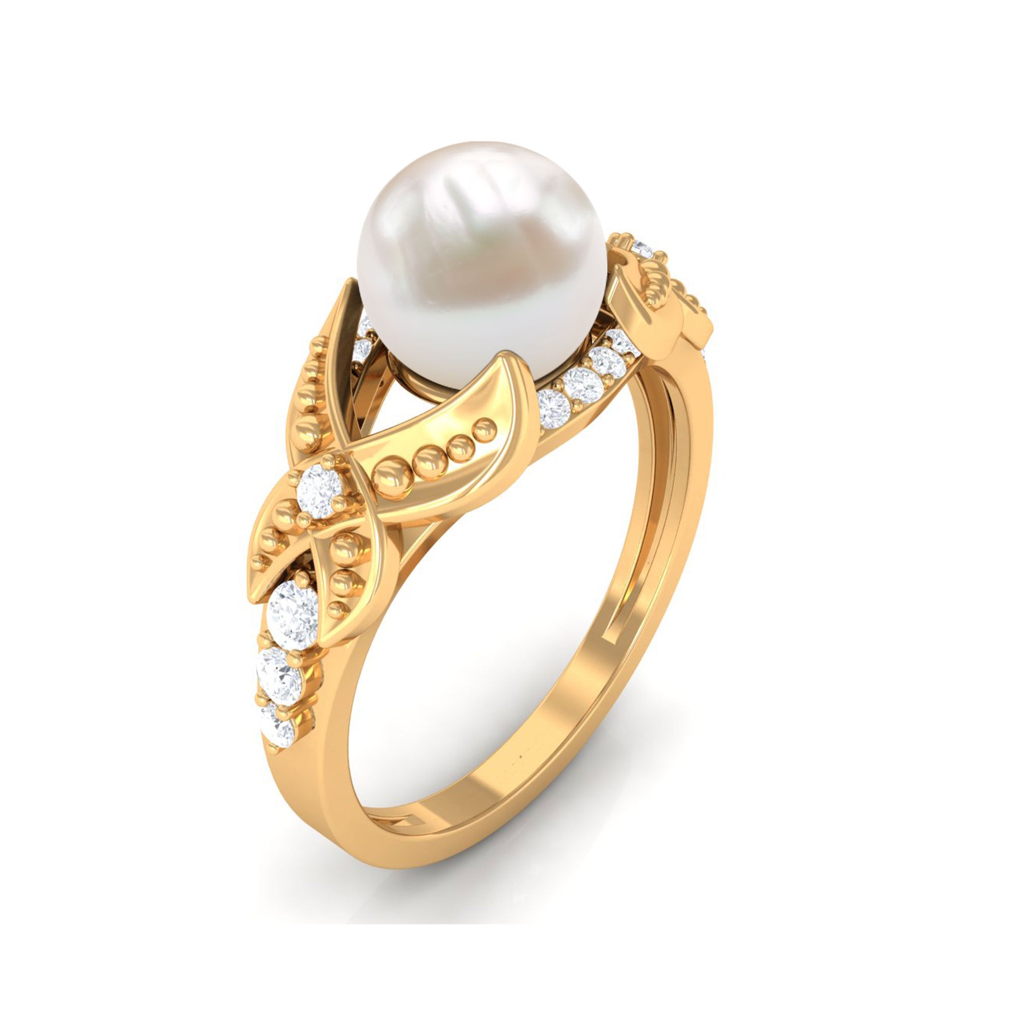 Rosec Jewels-Vintage Style 3 Carat Freshwater Pearl Engagement Ring with Diamond Split Shank