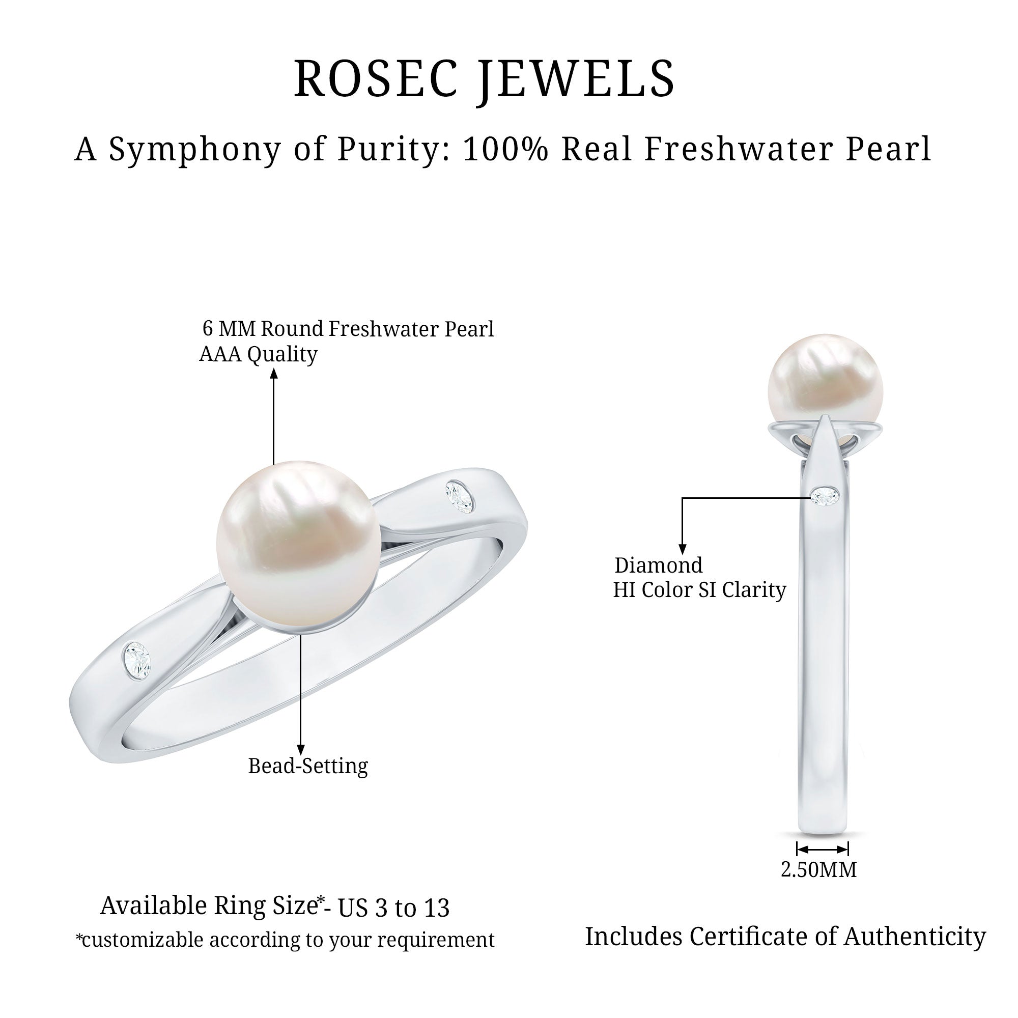 Rosec Jewels-Natural 2 Carat Freshwater Pearl Solitaire Ring with Diamond