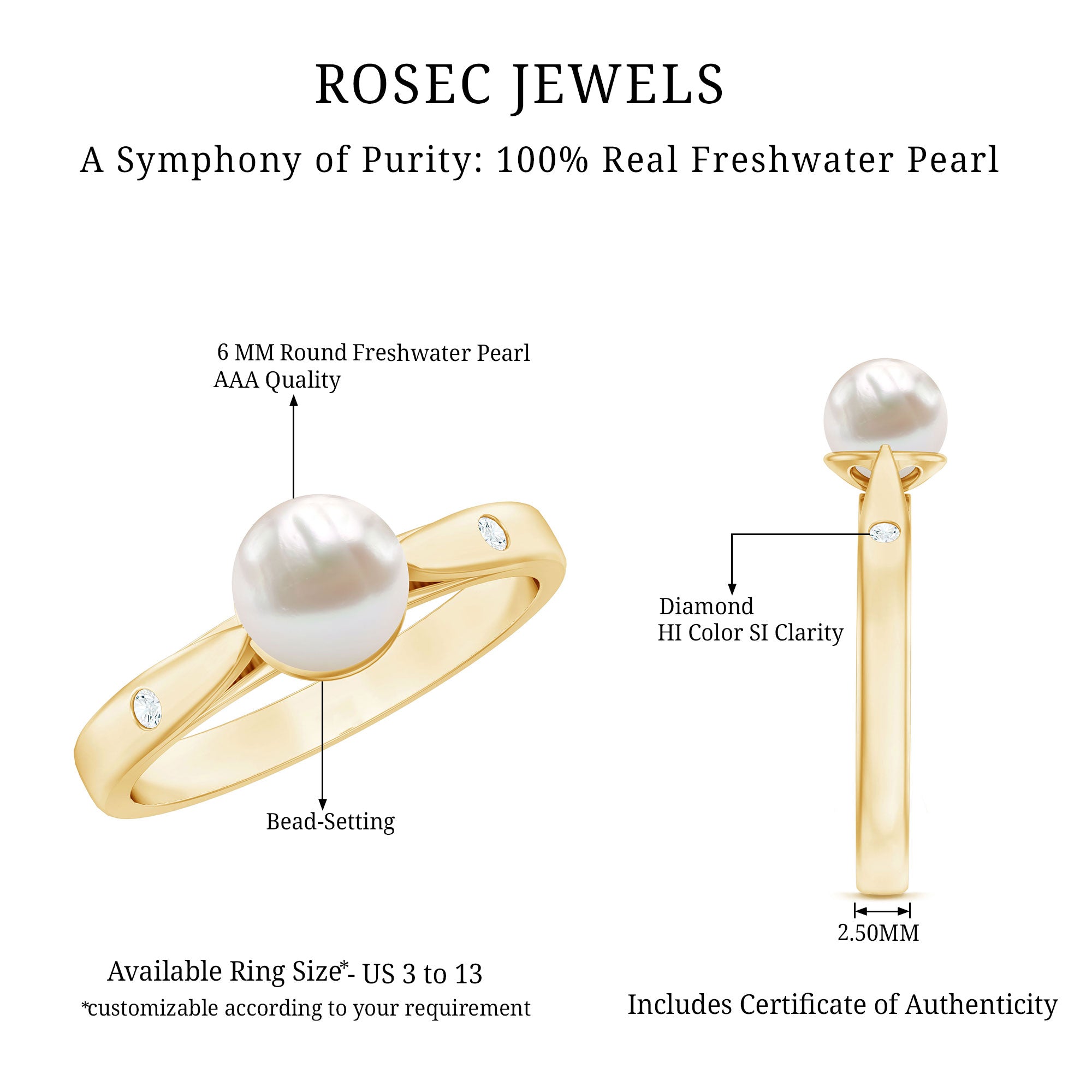 Rosec Jewels-Natural 2 Carat Freshwater Pearl Solitaire Ring with Diamond