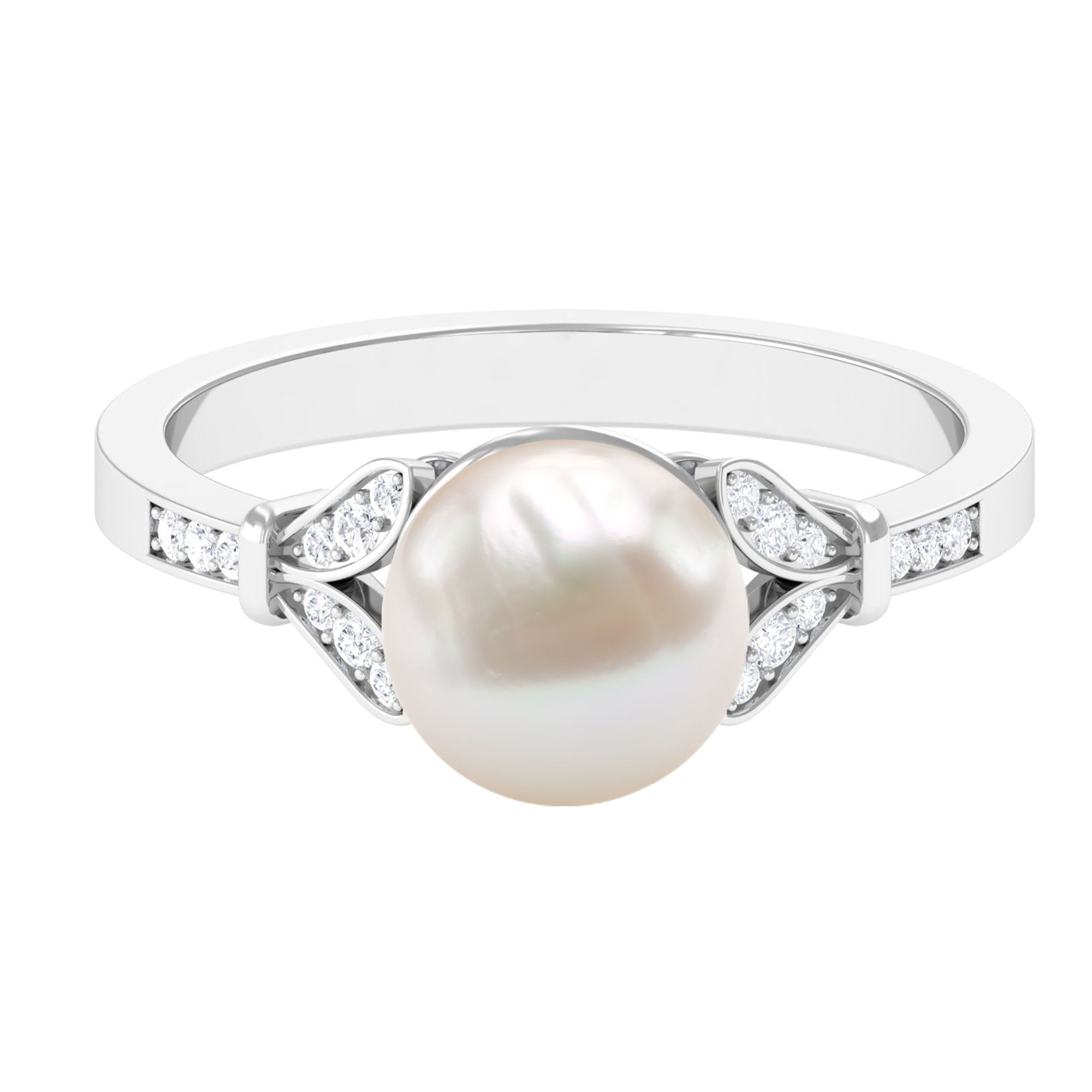 Bead Set Freshwater Pearl Solitaire Split Shank Ring with Diamond