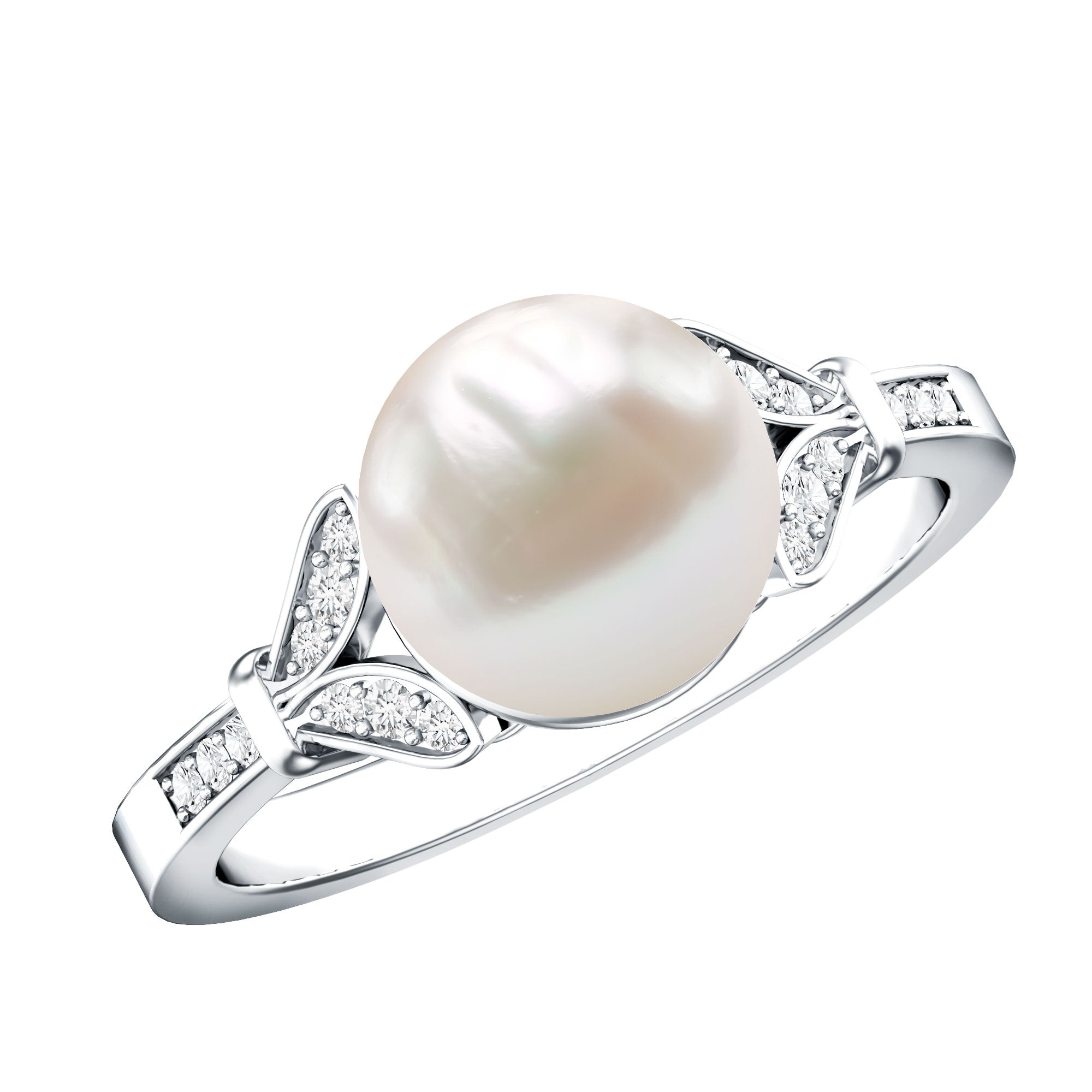 Bead Set Freshwater Pearl Solitaire Split Shank Ring with Diamond