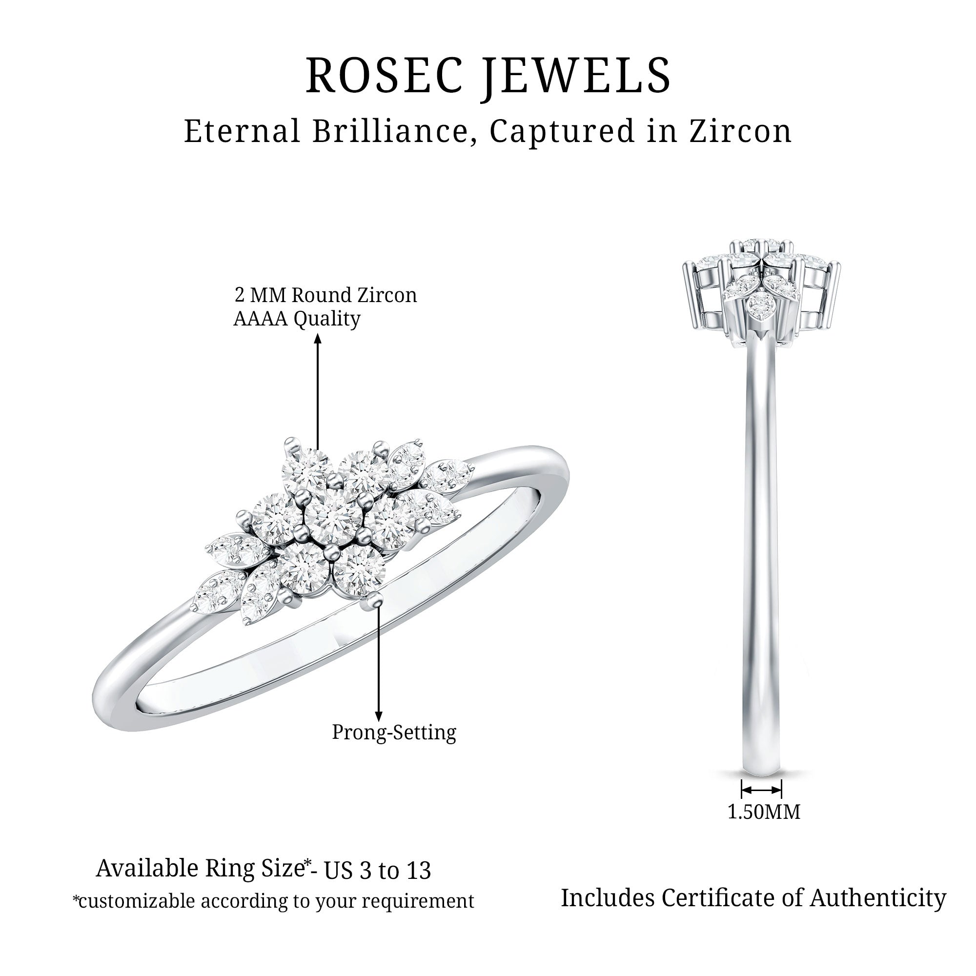 Cubic Zirconia Flower Cluster Engagement Ring AAAA - Rosec Jewels