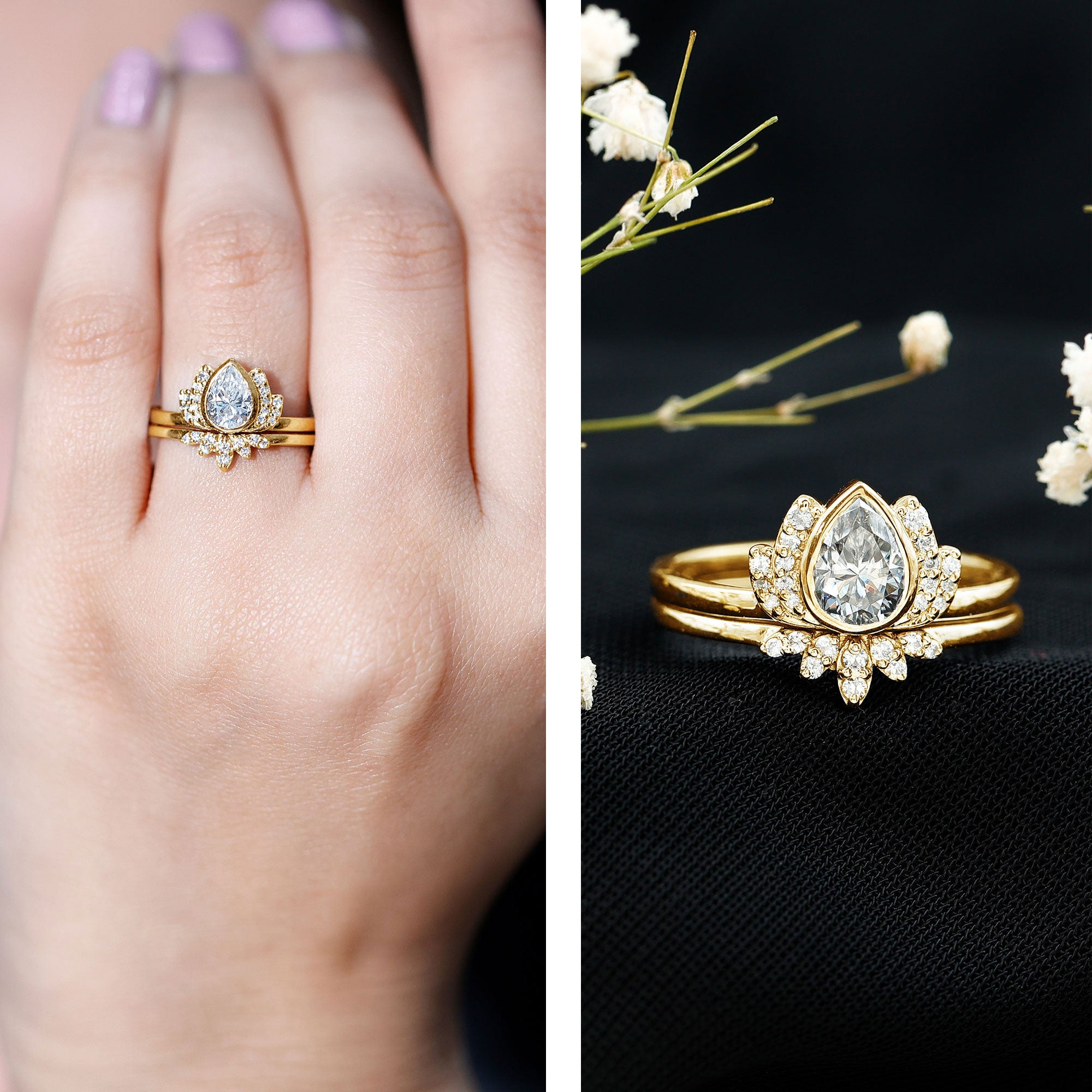 Certified Zircon Lotus Floral Bridal Wedding Ring Set AAAA - Rosec Jewels