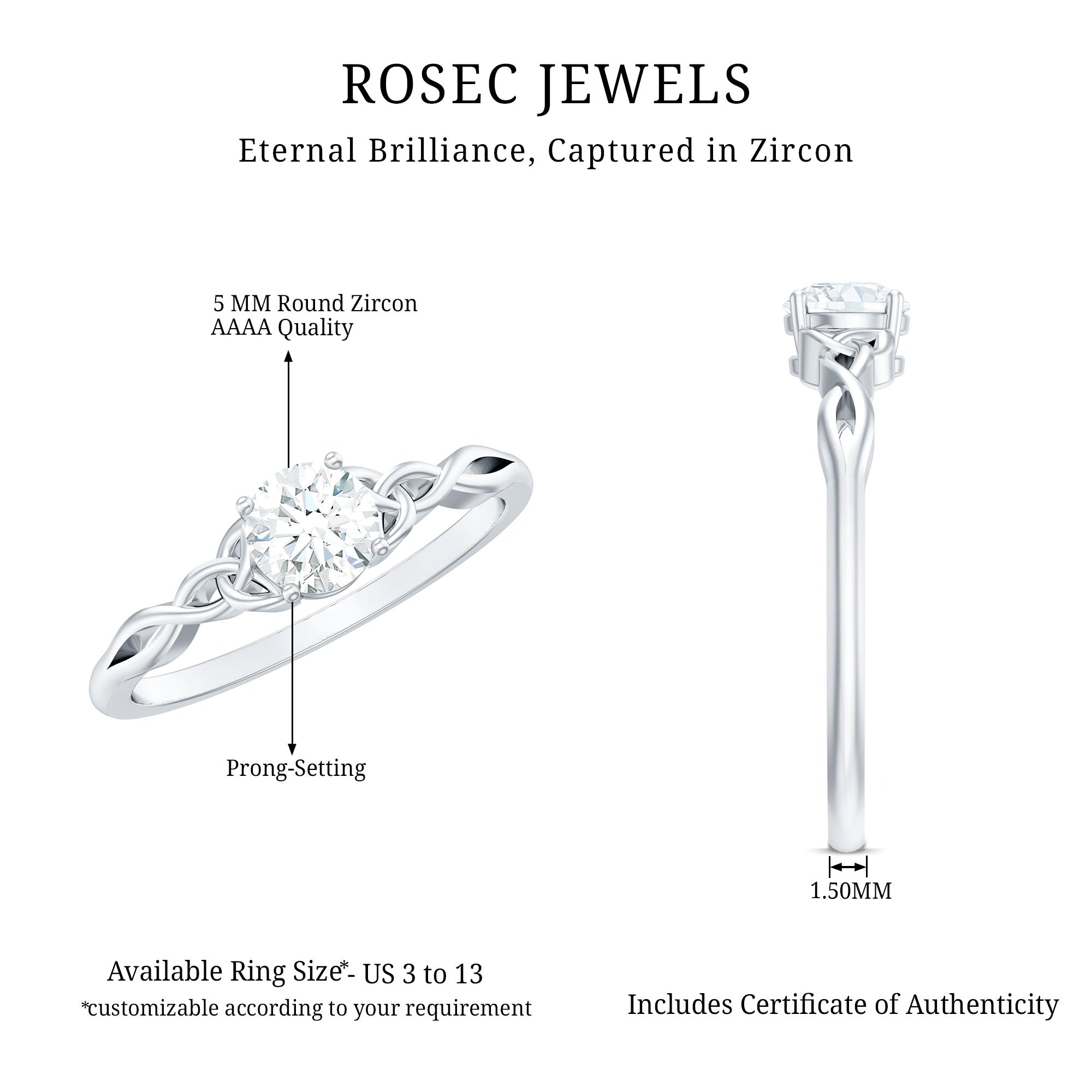 0.5 Carat Round Cubic Zirconia Promise Ring with Celtic Love Knot AAAA - Rosec Jewels