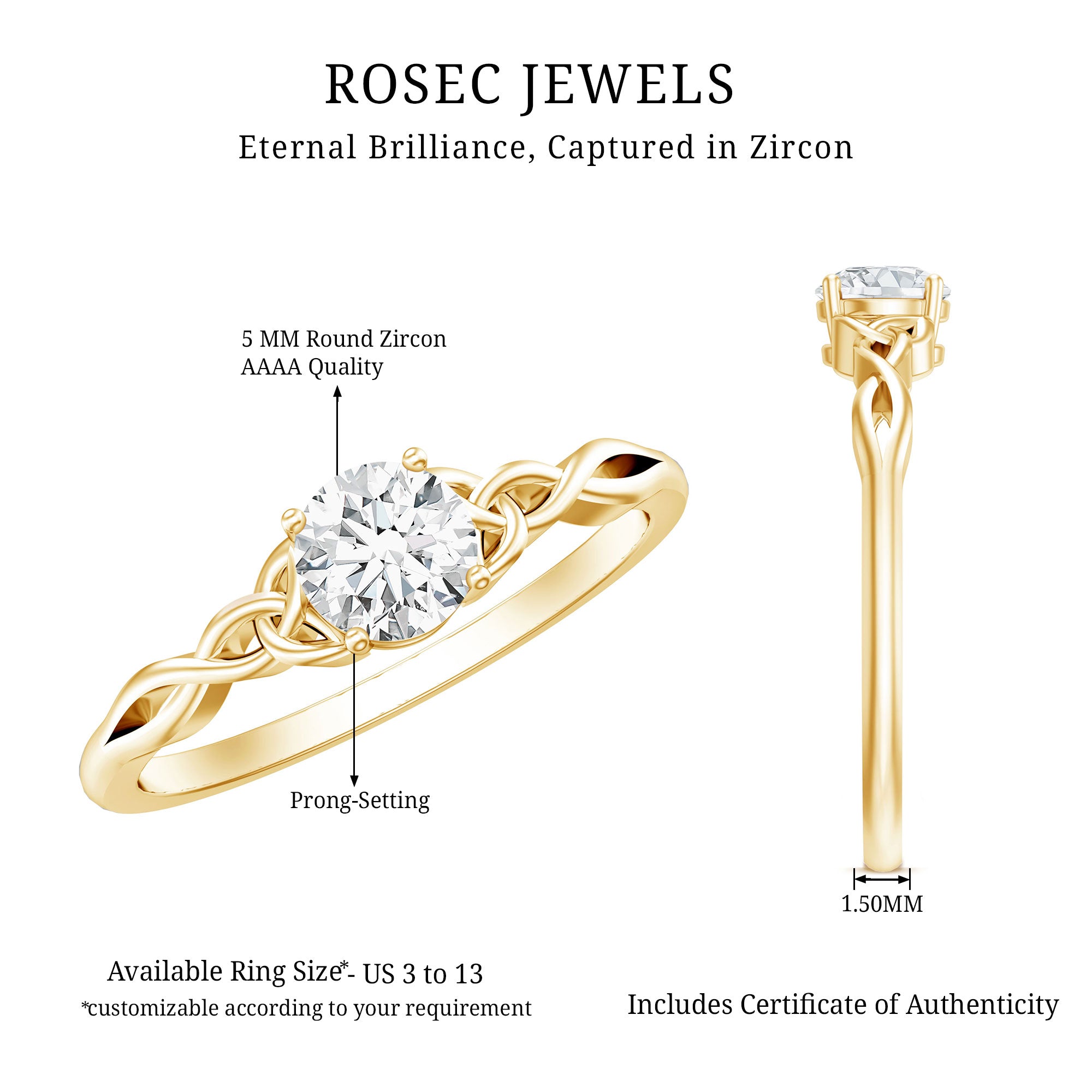 0.5 Carat Solitaire Cubic Zirconia Promise Ring with Celtic Knot AAAA - Rosec Jewels