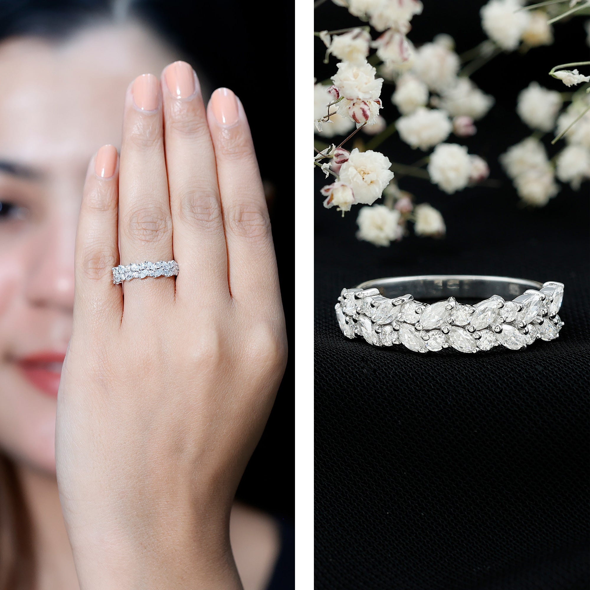 Marquise and Round Zircon Half Eternity Band Ring AAAA - Rosec Jewels