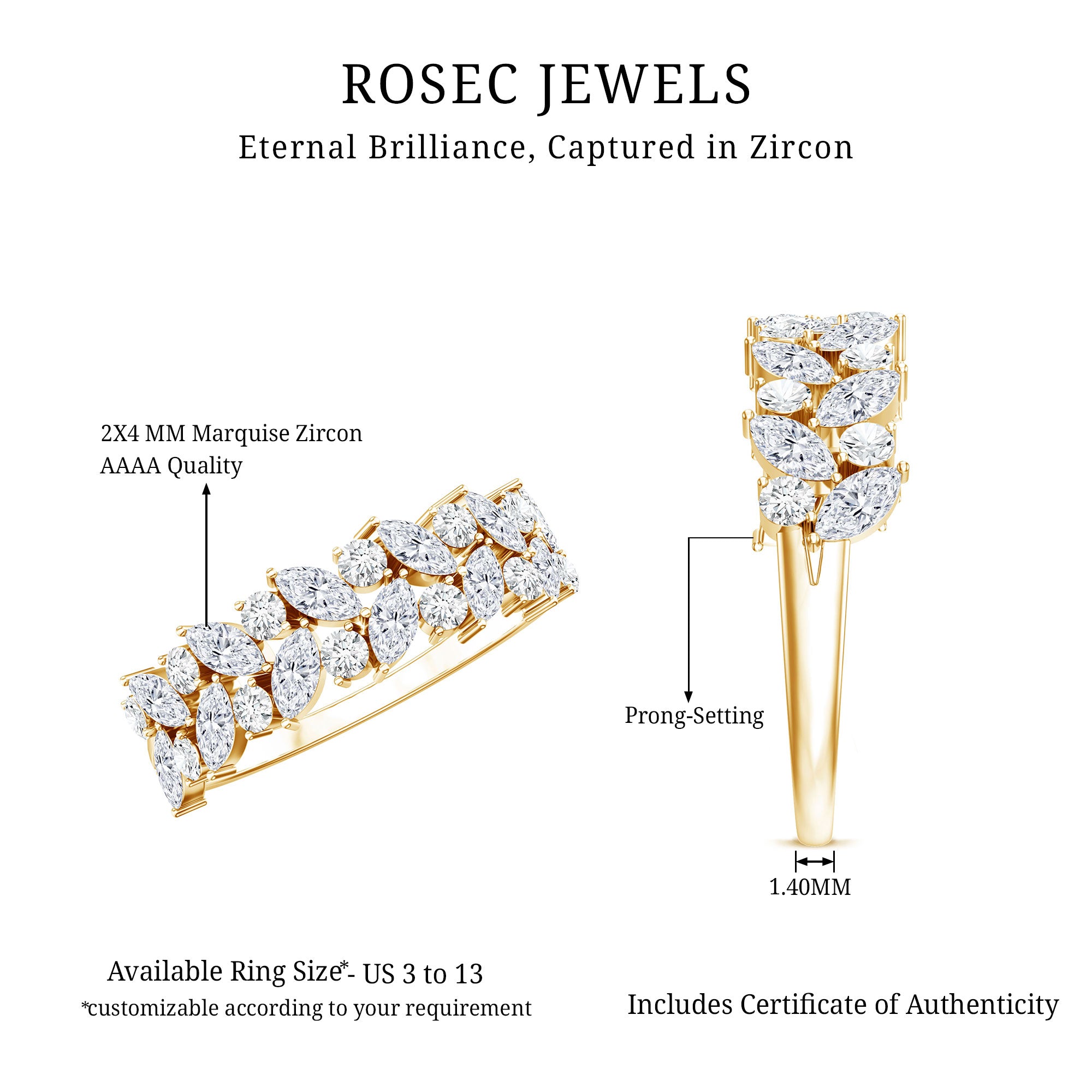 Marquise and Round Zircon Half Eternity Band Ring AAAA - Rosec Jewels
