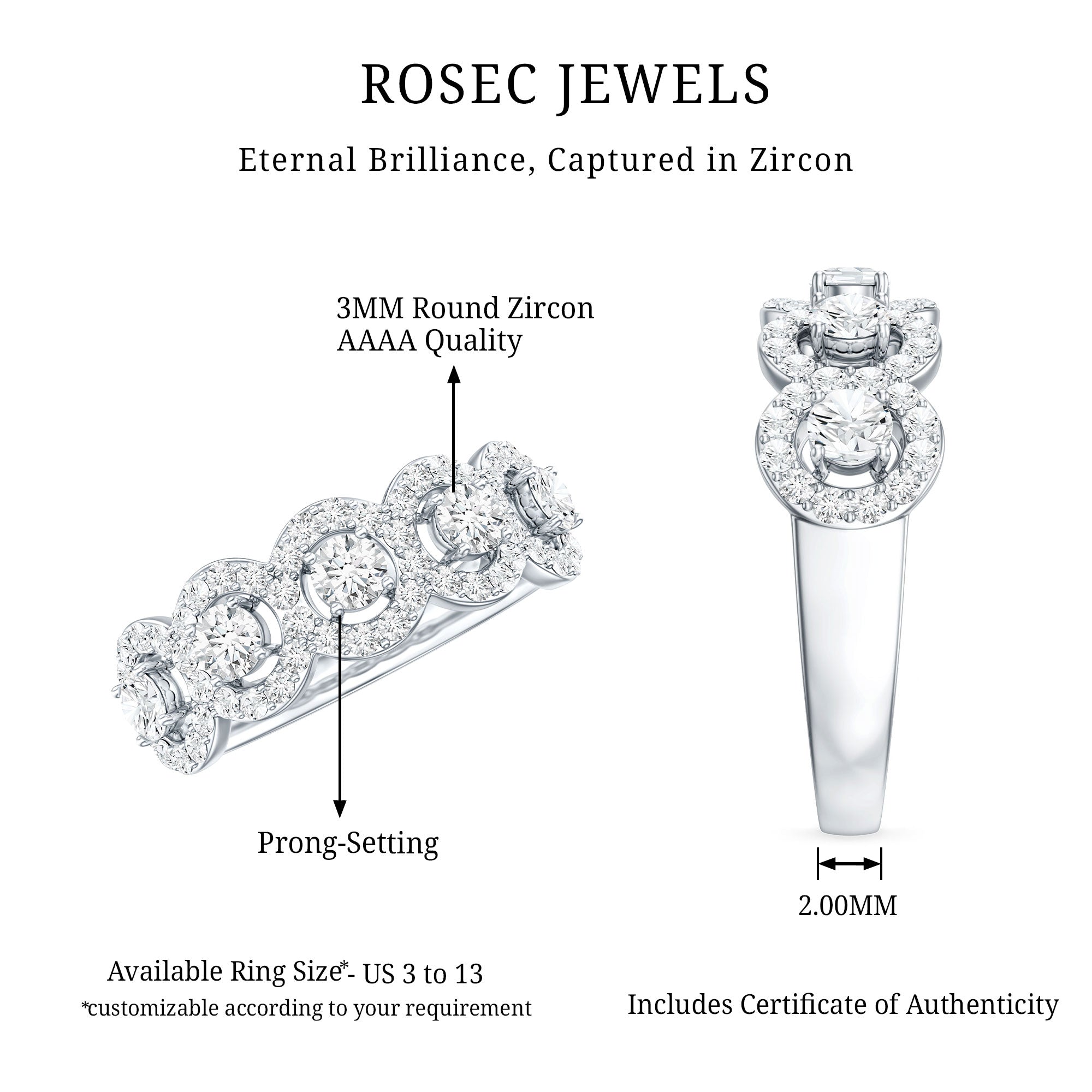 Classic Cubic Zirconia Halo Wedding Band Ring AAAA - Rosec Jewels
