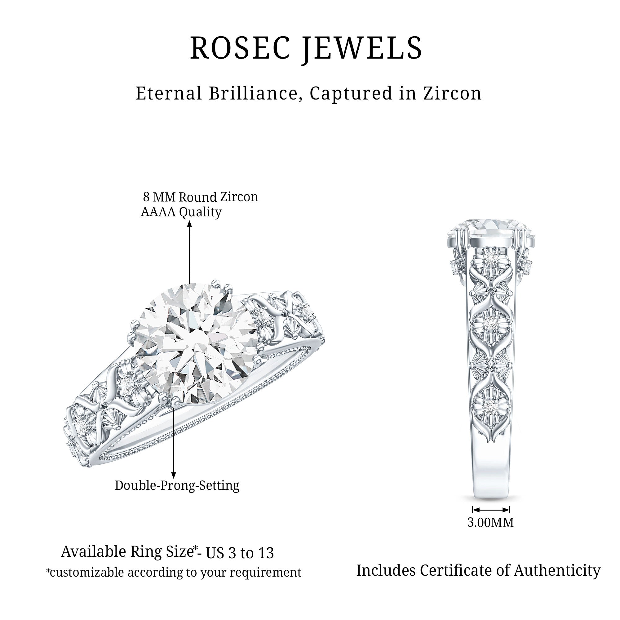 2 Carat Vintage Inspired Zircon Flower Engagement Ring AAAA - Rosec Jewels