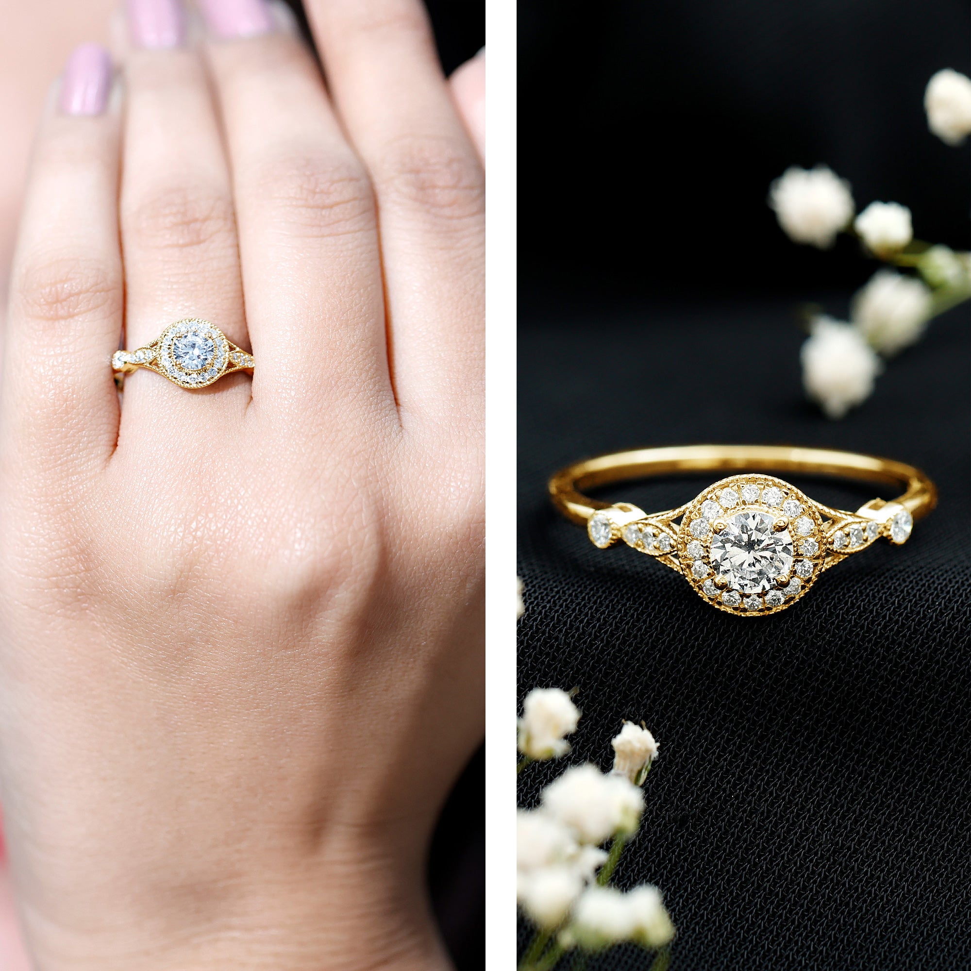 Antique Inspired Zircon Halo Engagement Ring AAAA - Rosec Jewels