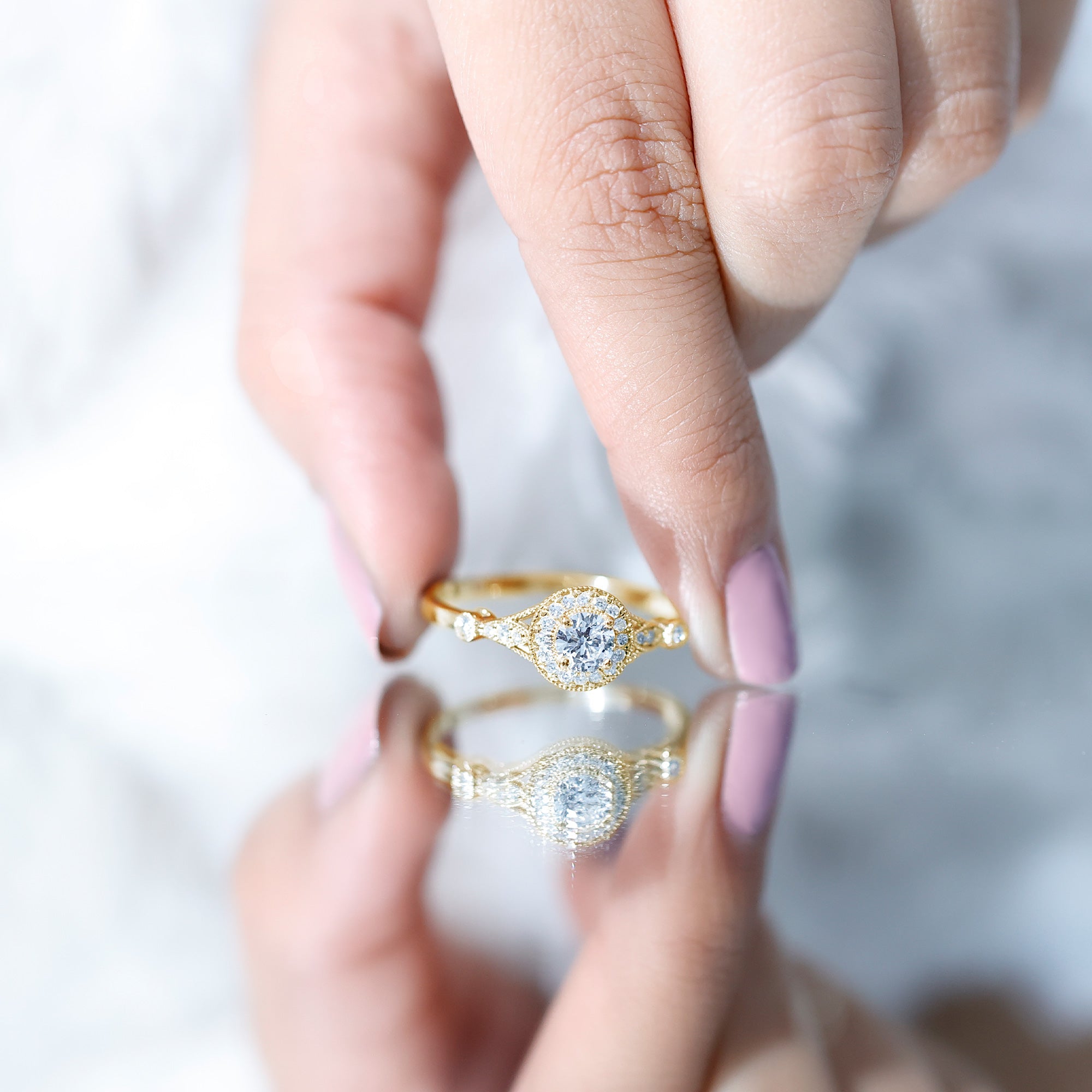 Antique Inspired Zircon Halo Engagement Ring AAAA - Rosec Jewels
