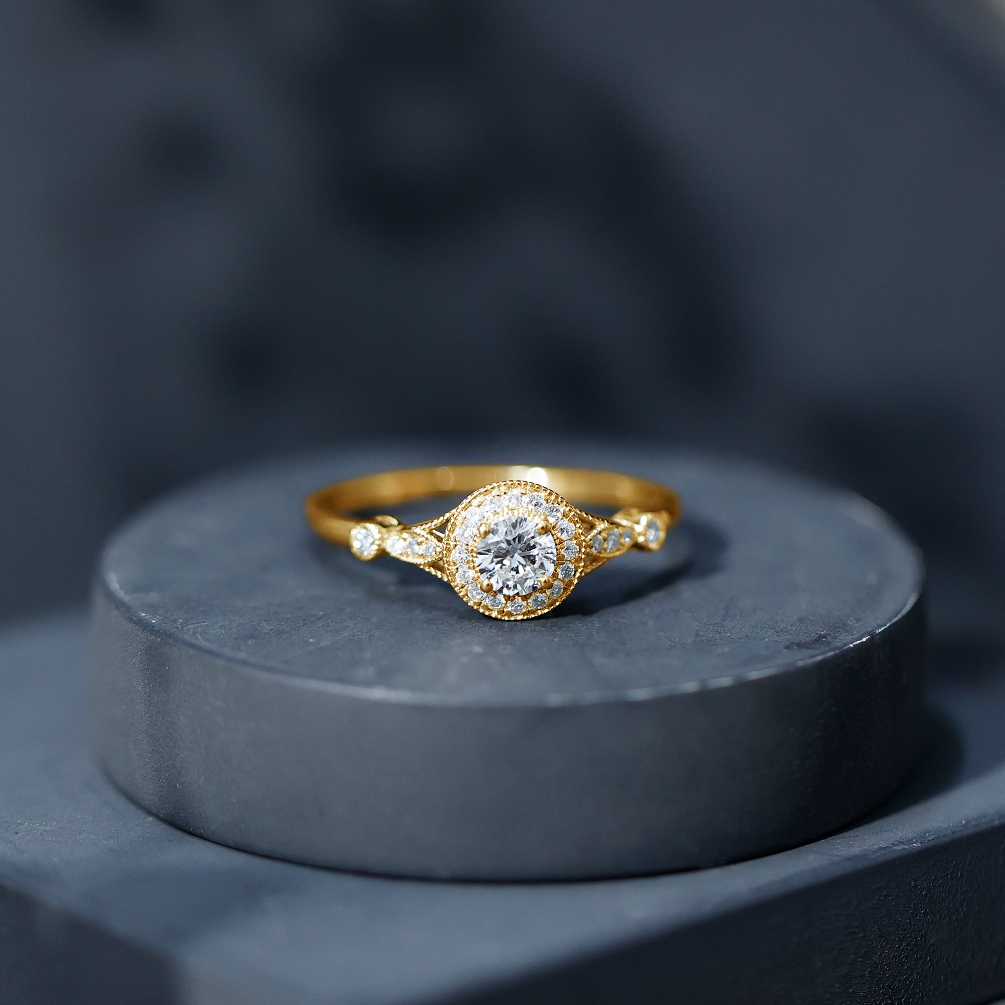 Antique Inspired Zircon Halo Engagement Ring AAAA - Rosec Jewels