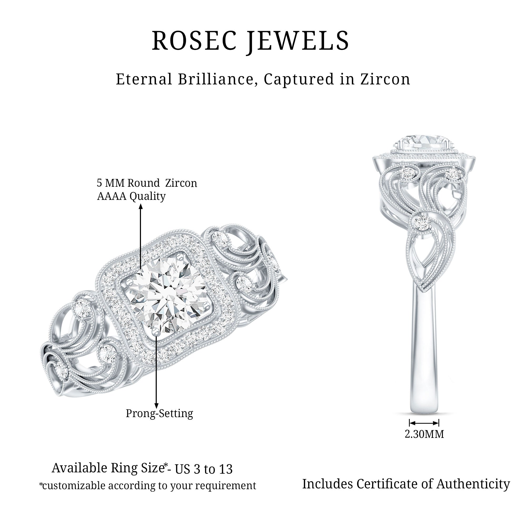 Zircon Vintage Inspired Halo Engagement Ring AAAA - Rosec Jewels