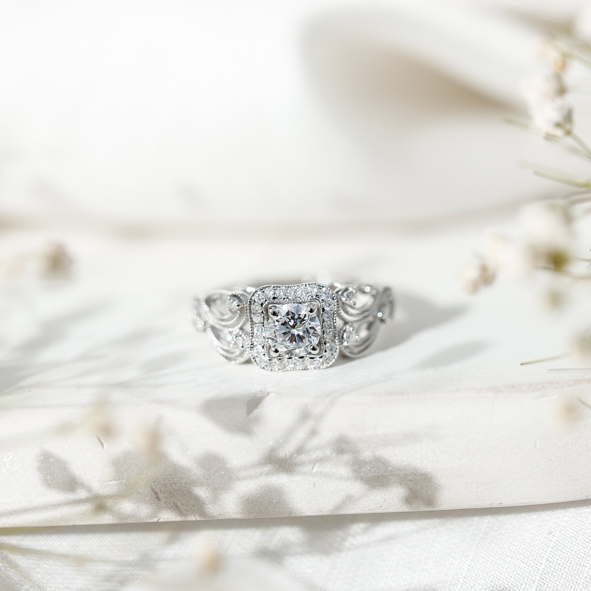 Zircon Vintage Inspired Halo Engagement Ring AAAA - Rosec Jewels